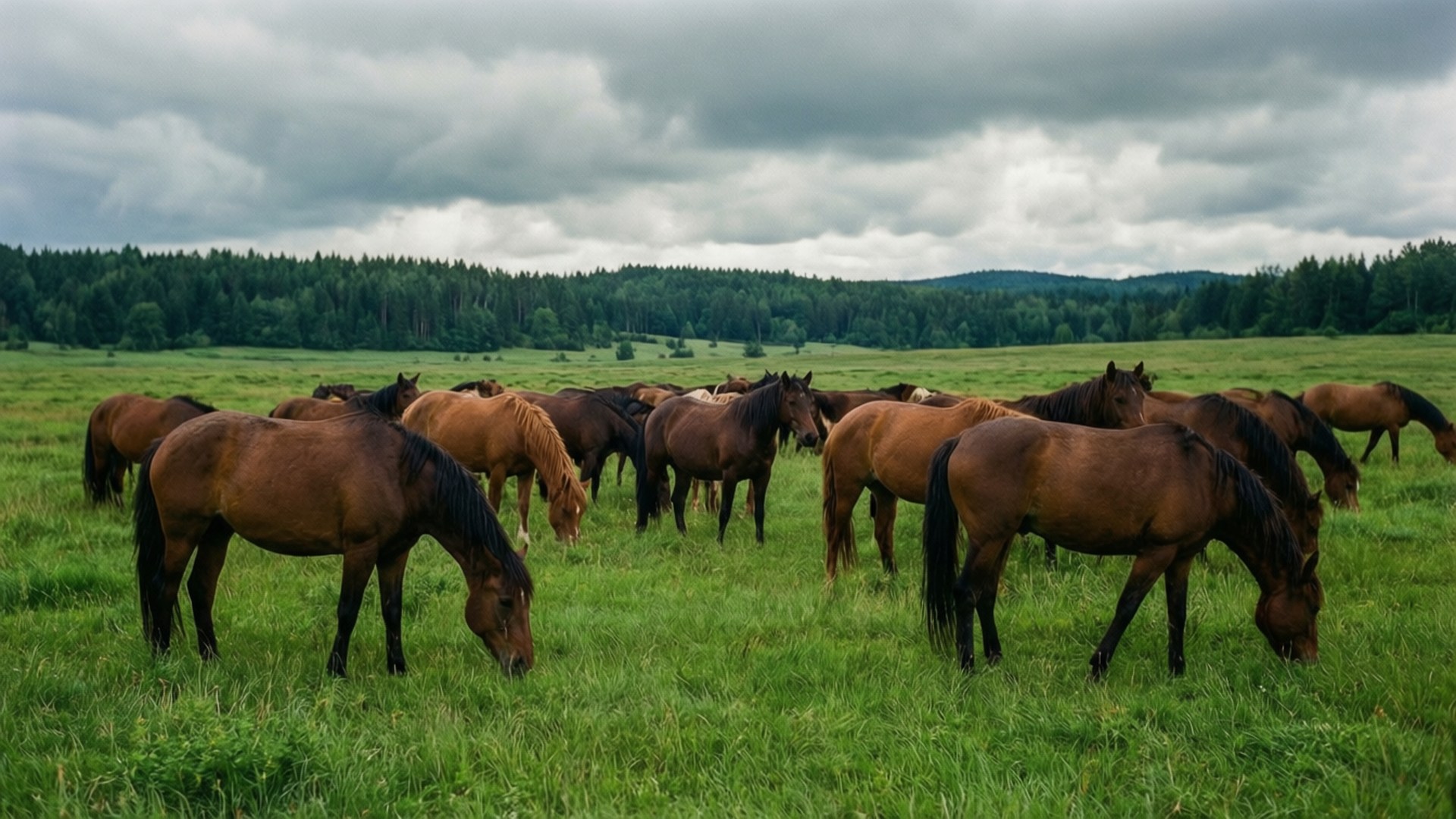 horses, lush green field, cloudy sky, Full HD Desktop Wallpaper