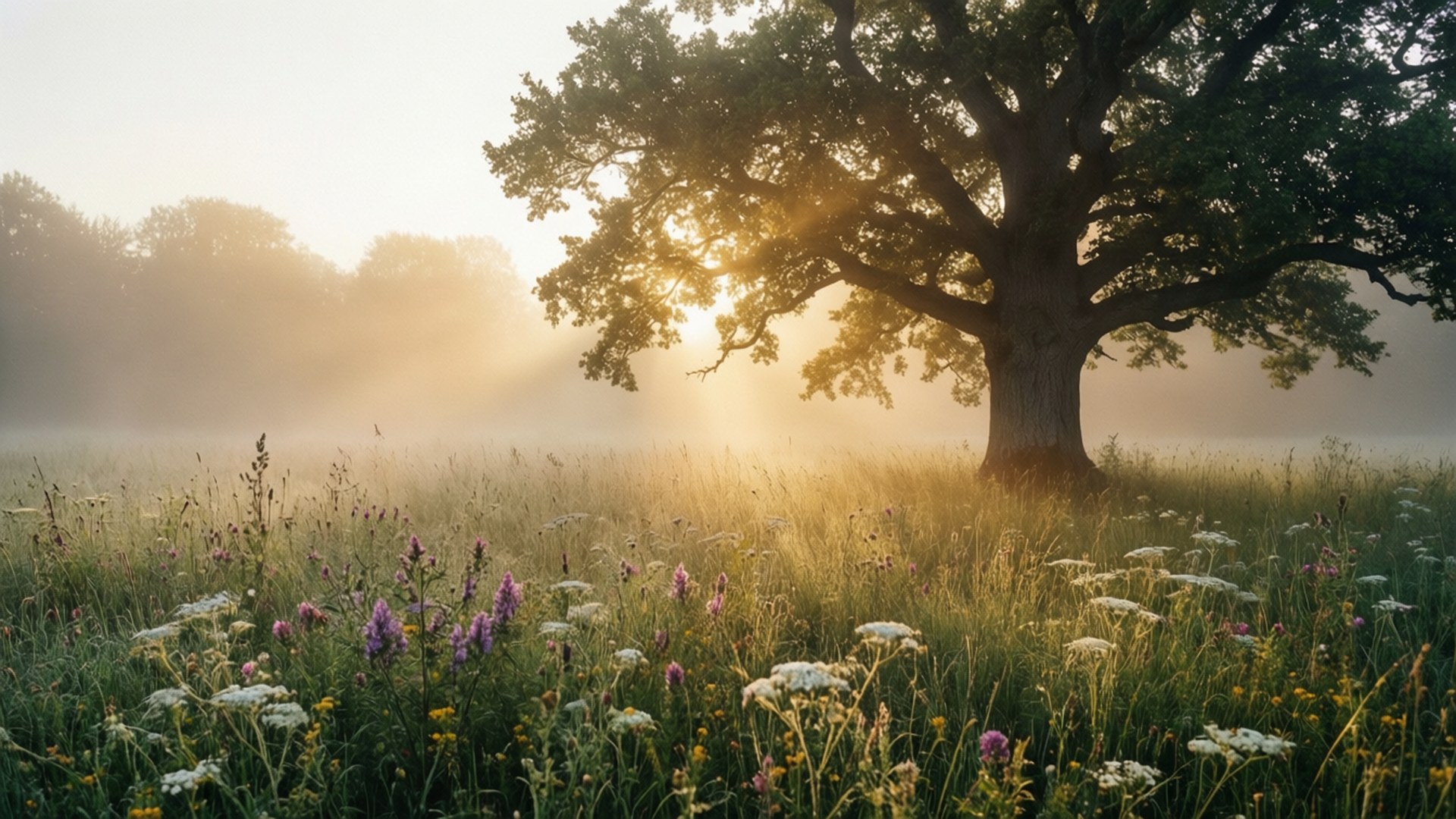 misty meadow, oak tree, sunrise, Full HD Desktop Wallpaper