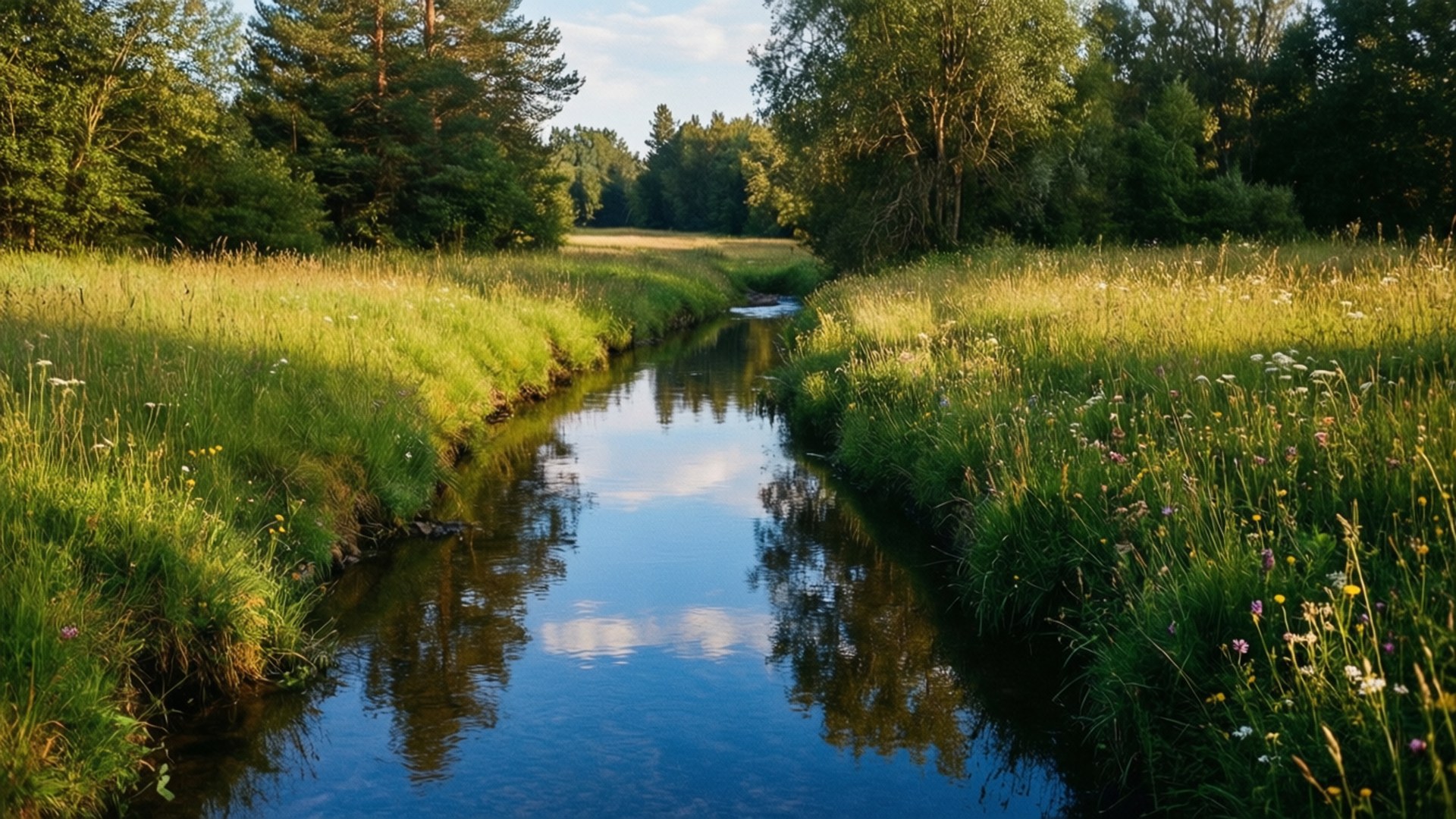 streamside meadow, narrow creek, sunlit grassy banks, Full HD Desktop Wallpaper