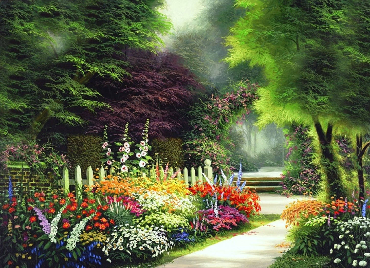 flower garden, meadow, sunlit garden path, HD Desktop Wallpaper