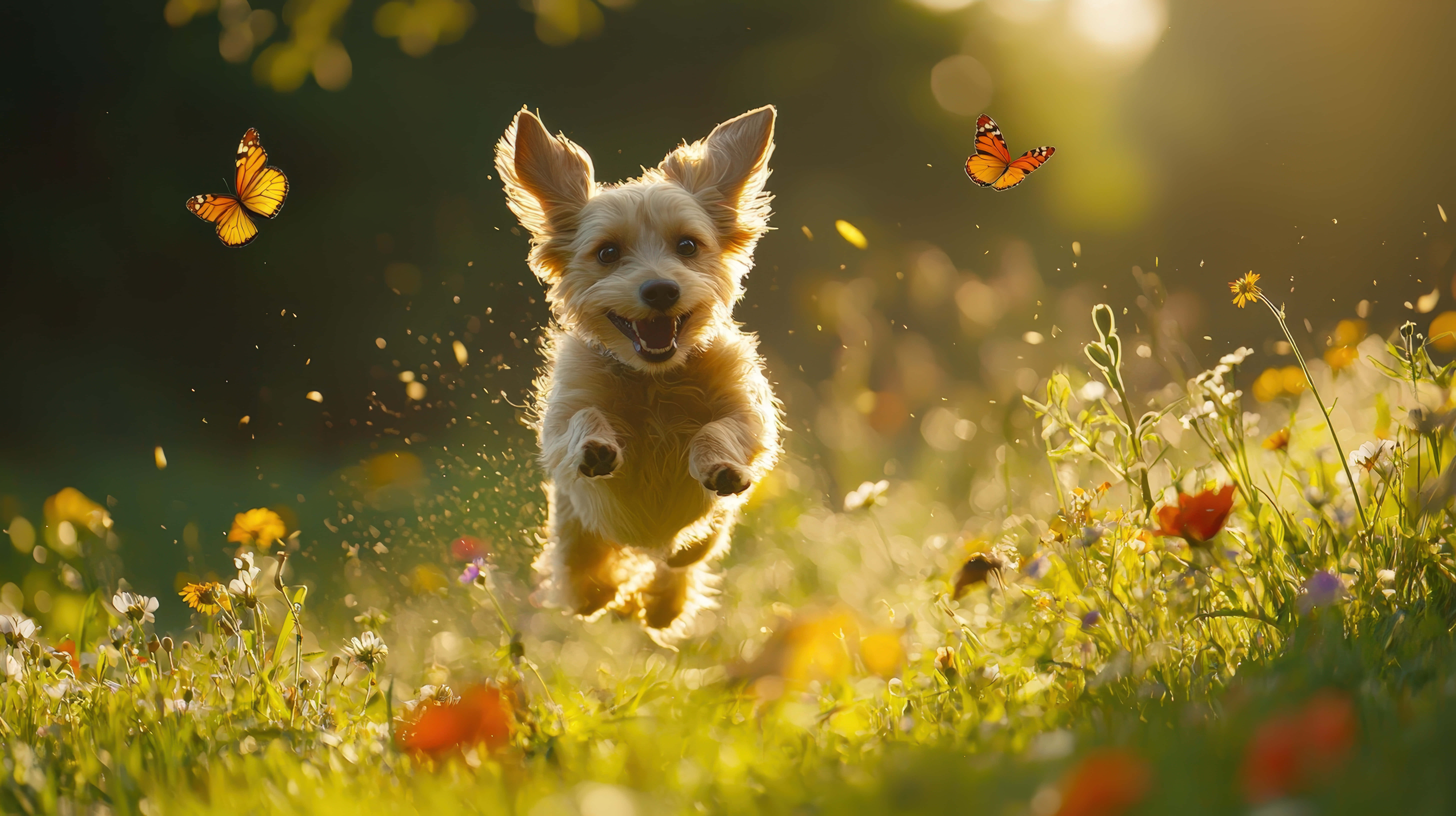 fluffy white puppy, sunlit meadow, wildflowers, 8K Desktop Wallpaper