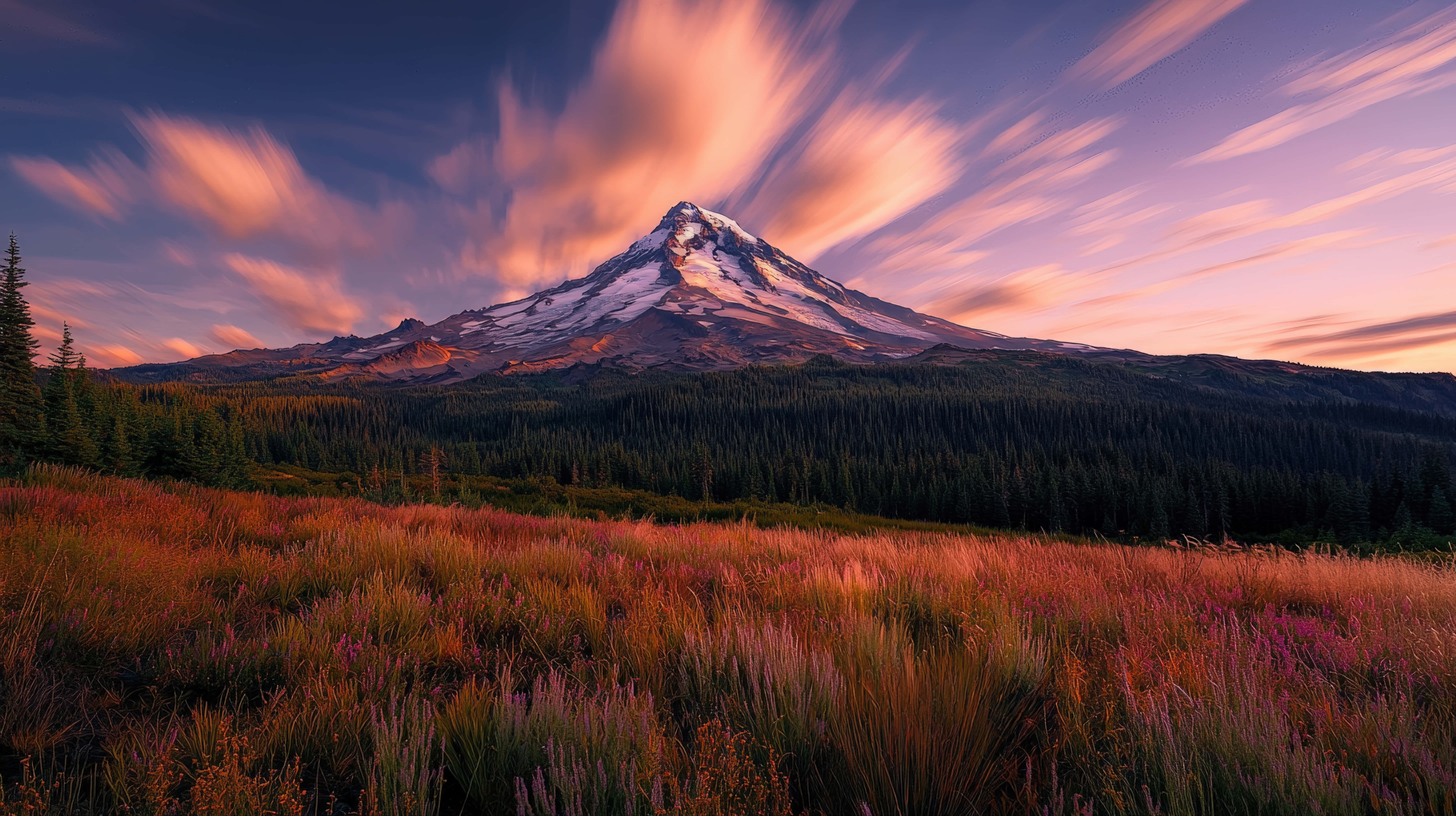 snowcapped mountain, vibrant meadow, dramatic sunset sky, 8K Desktop Wallpaper