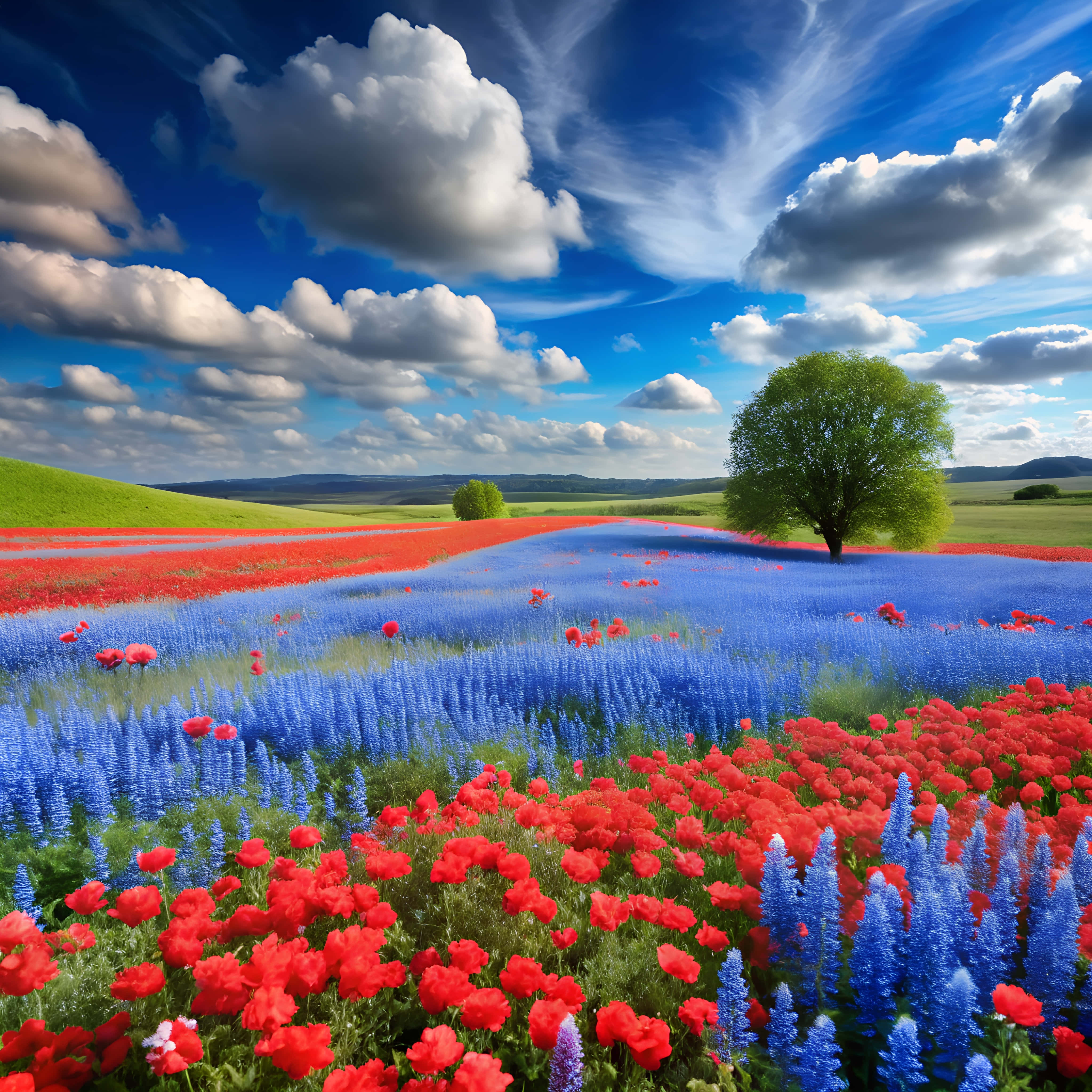 blue flowers, red flowers, green tree, 4K Desktop Wallpaper