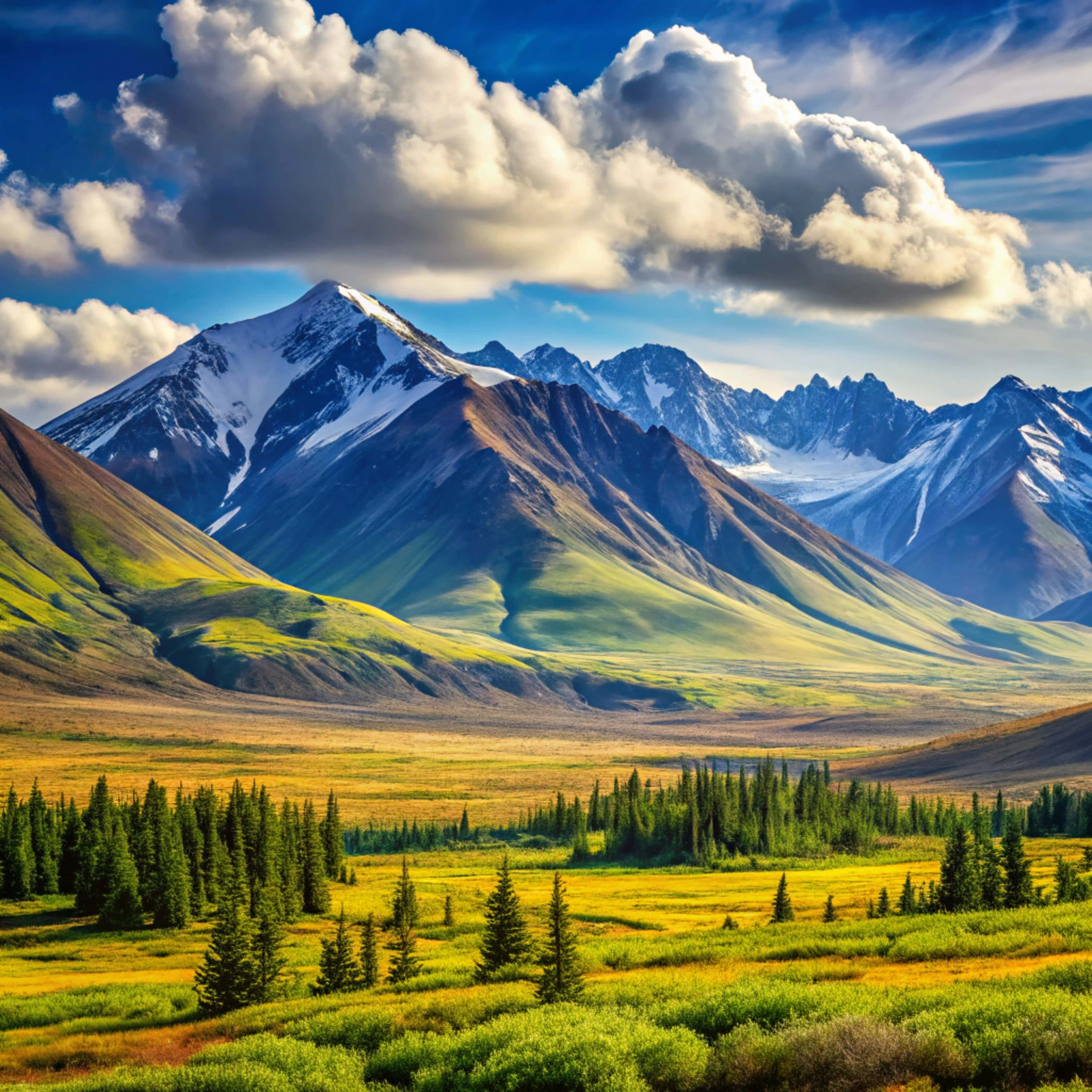 mountain meadow, snow capped mountains, rolling green hills, 4K Desktop Wallpaper