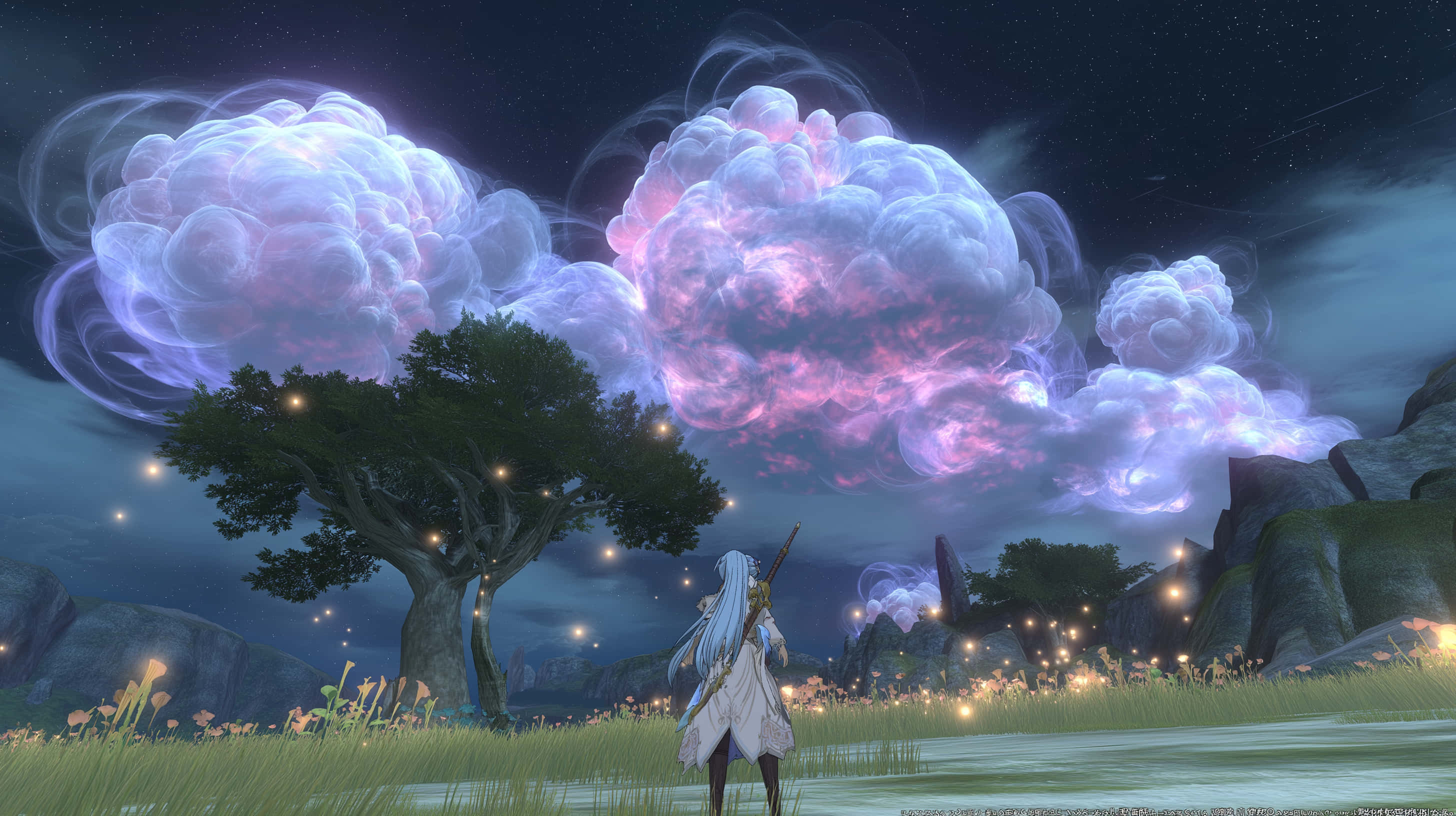 mystical luminous clouds, glowing purple and blue clouds, floating lights, 2K Desktop Wallpaper