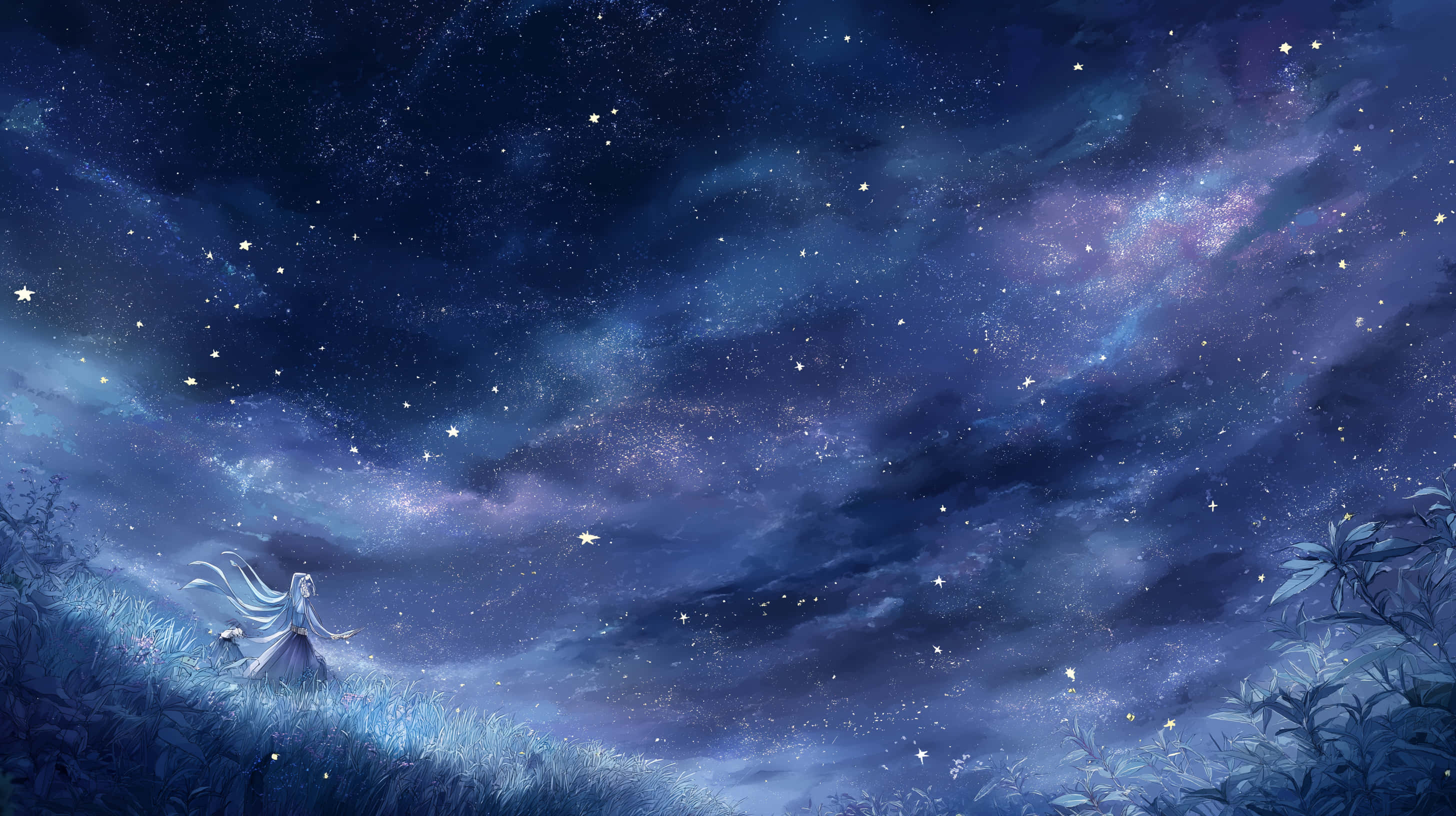 ethereal figure, starlit meadow, milky way sky, 2K Desktop Wallpaper