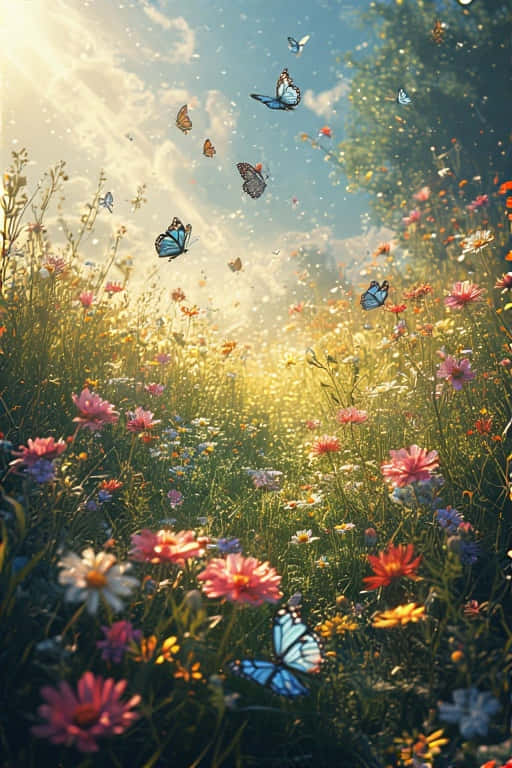 butterflies, summer meadow, sunlight beams, SD Phone Wallpaper