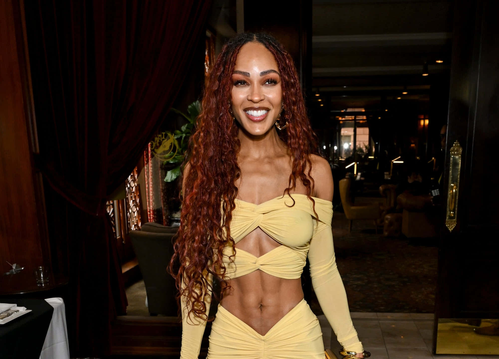 Meagan Good, yellow off-shoulder crop top, matching skirt, Full HD Desktop Wallpaper