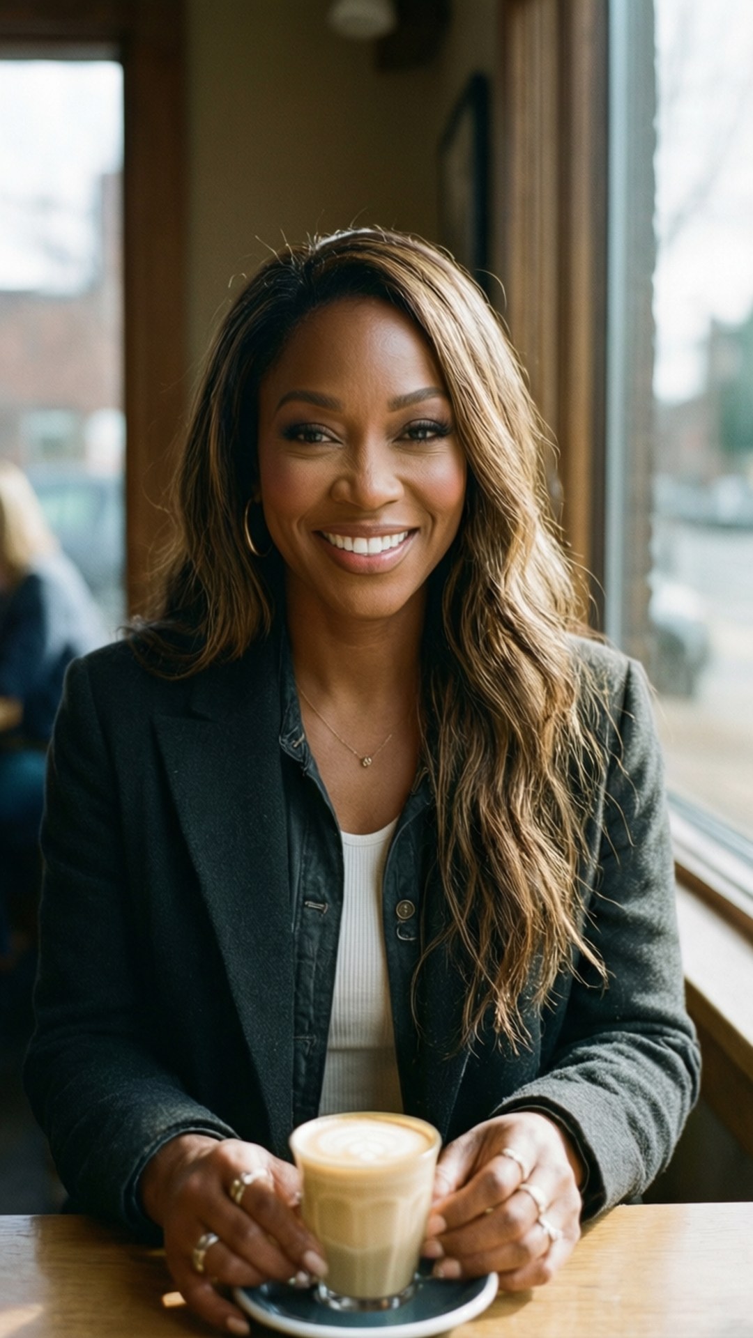 Meagan Good, coffee, cozy setting, Full HD Phone Wallpaper