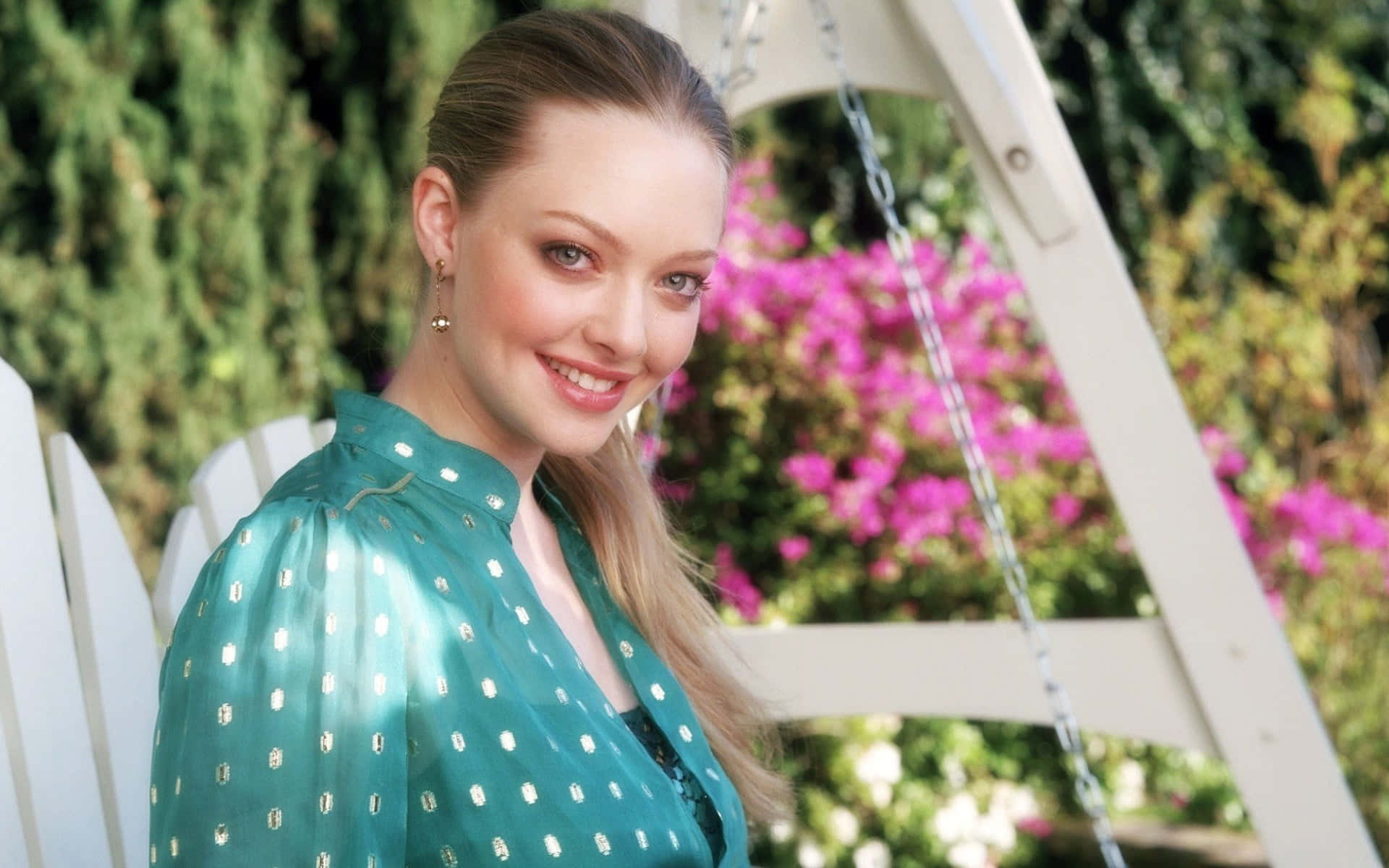 Mean Girls, teal polka-dot blouse, white swing, Full HD Desktop Wallpaper