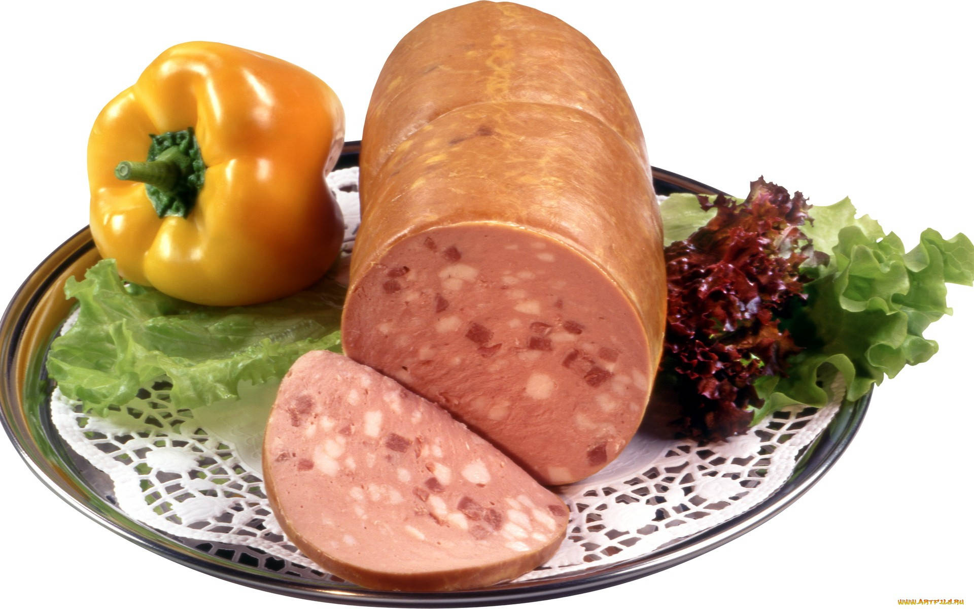 Italian Style Bologna Mortadella Meat, lace doily, yellow bell pepper, Full HD Desktop Wallpaper