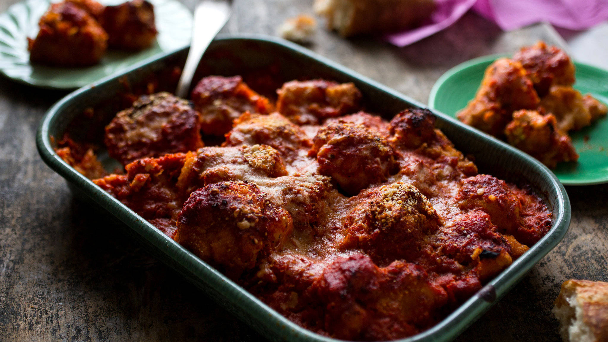 Cheesy Baked Meatballs Parmigiana Casserole, golden-brown meatballs, rich red sauce, Full HD Desktop Wallpaper