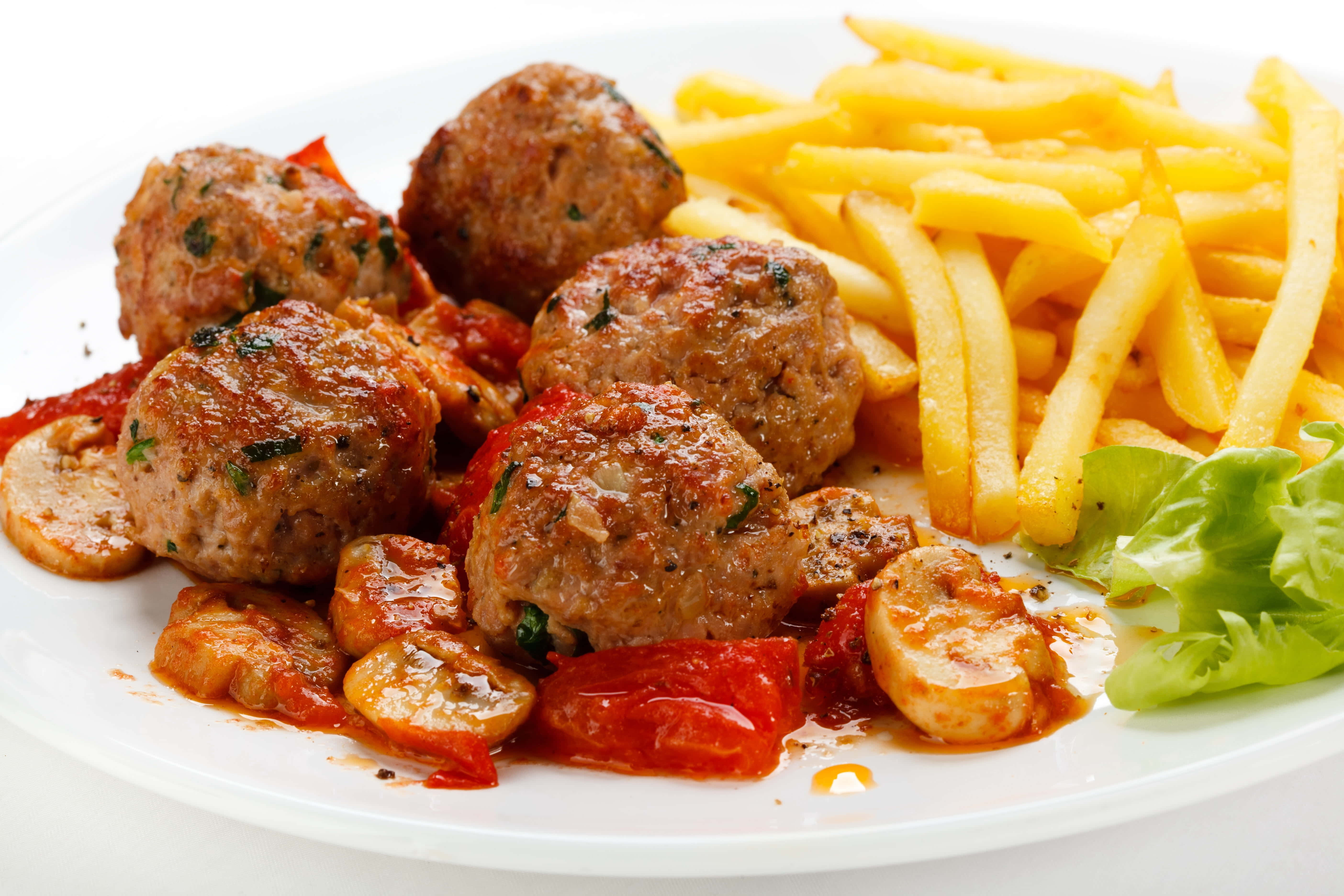 meatballs, tomato sauce, french fries, 5K Desktop Wallpaper