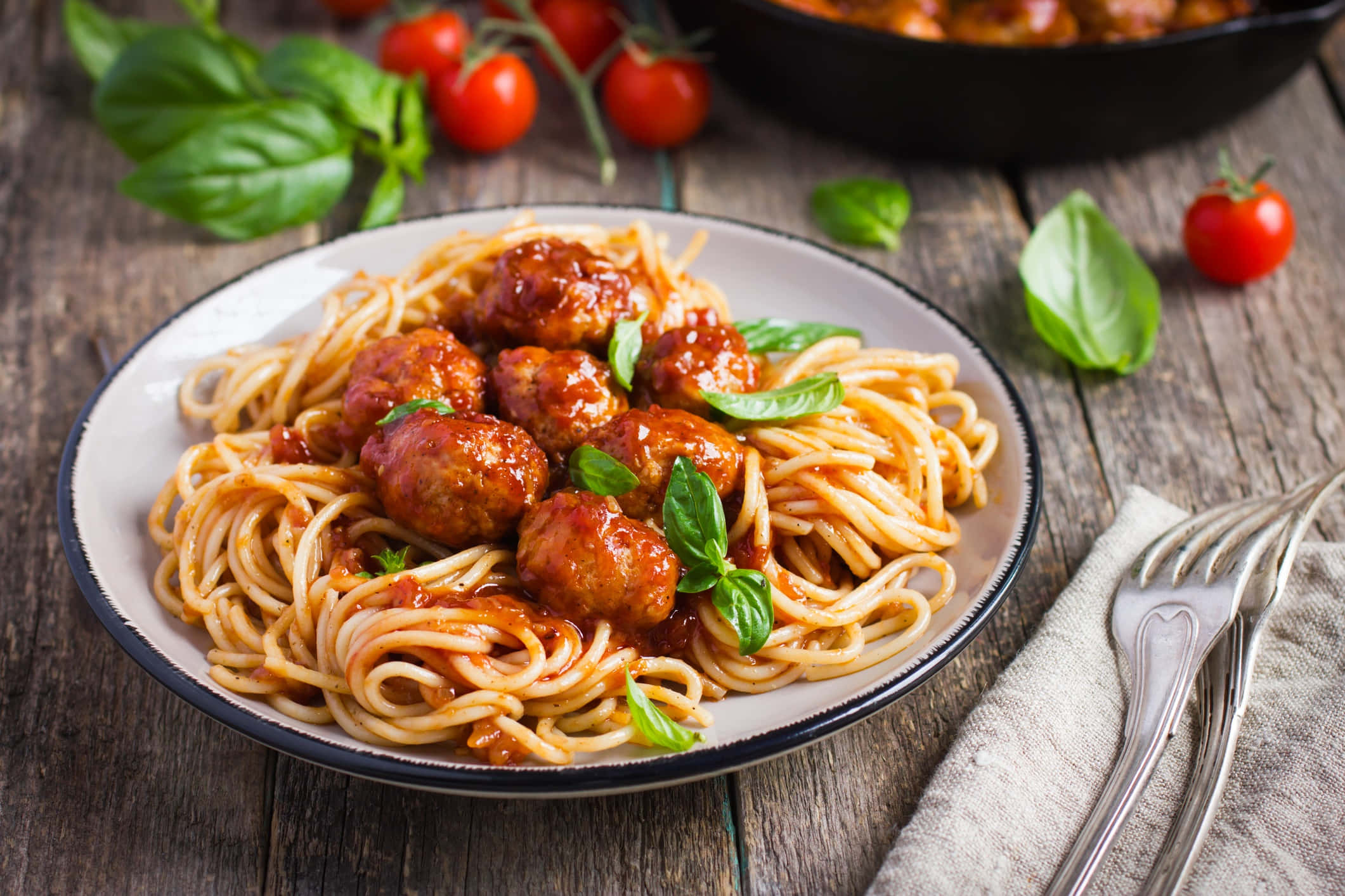 spaghetti, meatballs, basil, Full HD Desktop Wallpaper