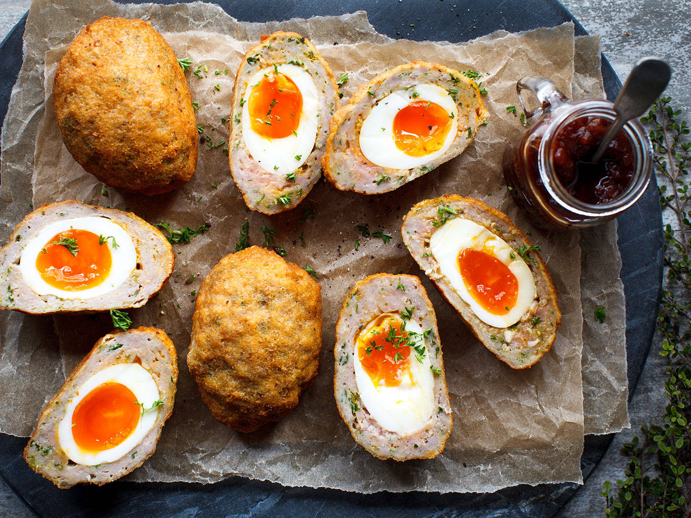 Traditional British Scotch Eggs, golden-brown, runny yolks, HD Desktop Wallpaper