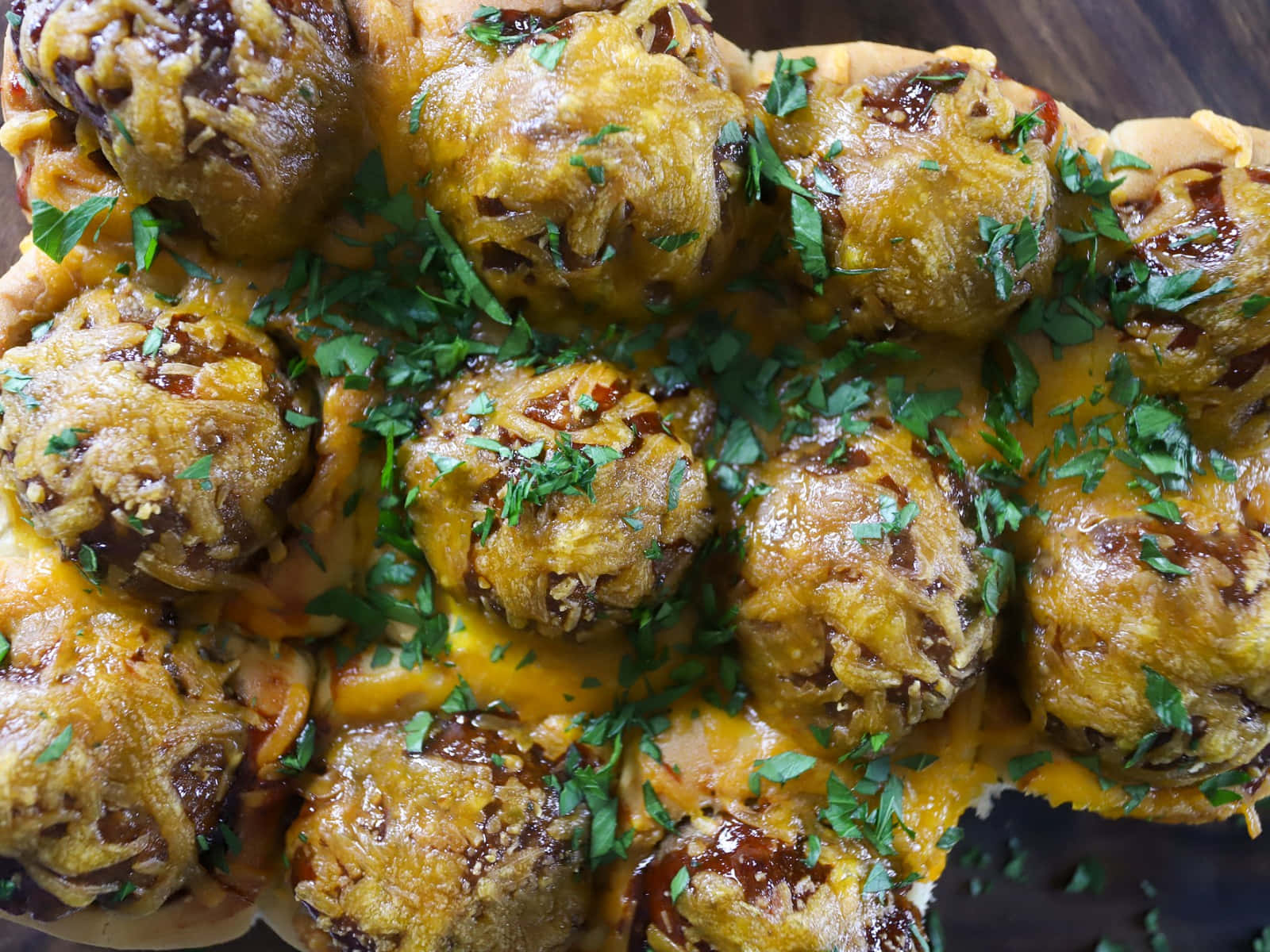 cheesy meatballs, herbs, top view, HD Desktop Wallpaper