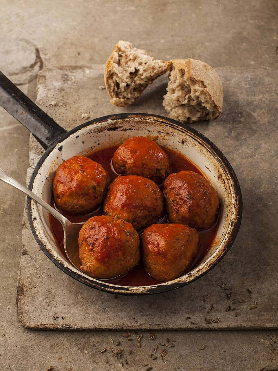 rustic enamel pan, rich tomato sauce, glossy meatballs, HD Phone Wallpaper