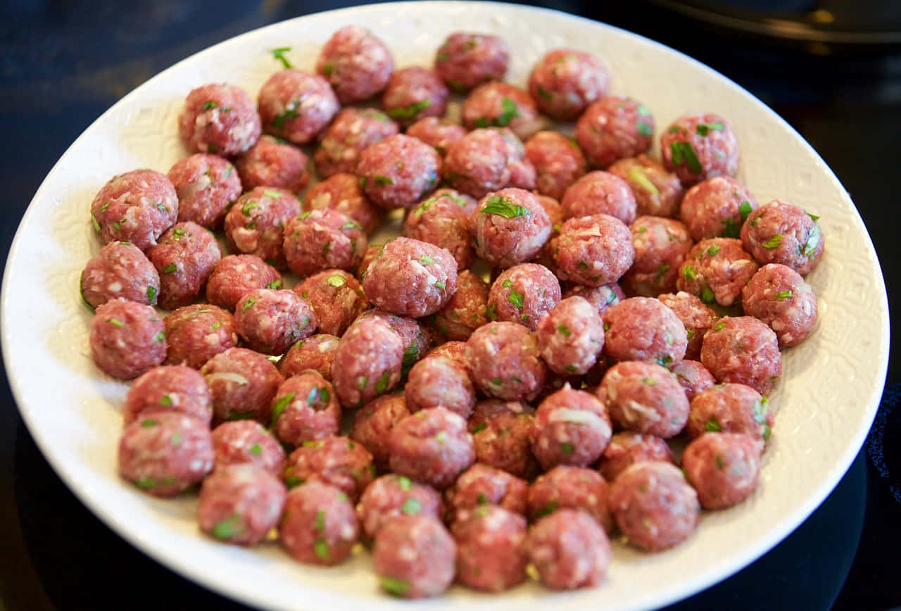 raw meatballs, white plate, green herbs, HD Desktop Wallpaper