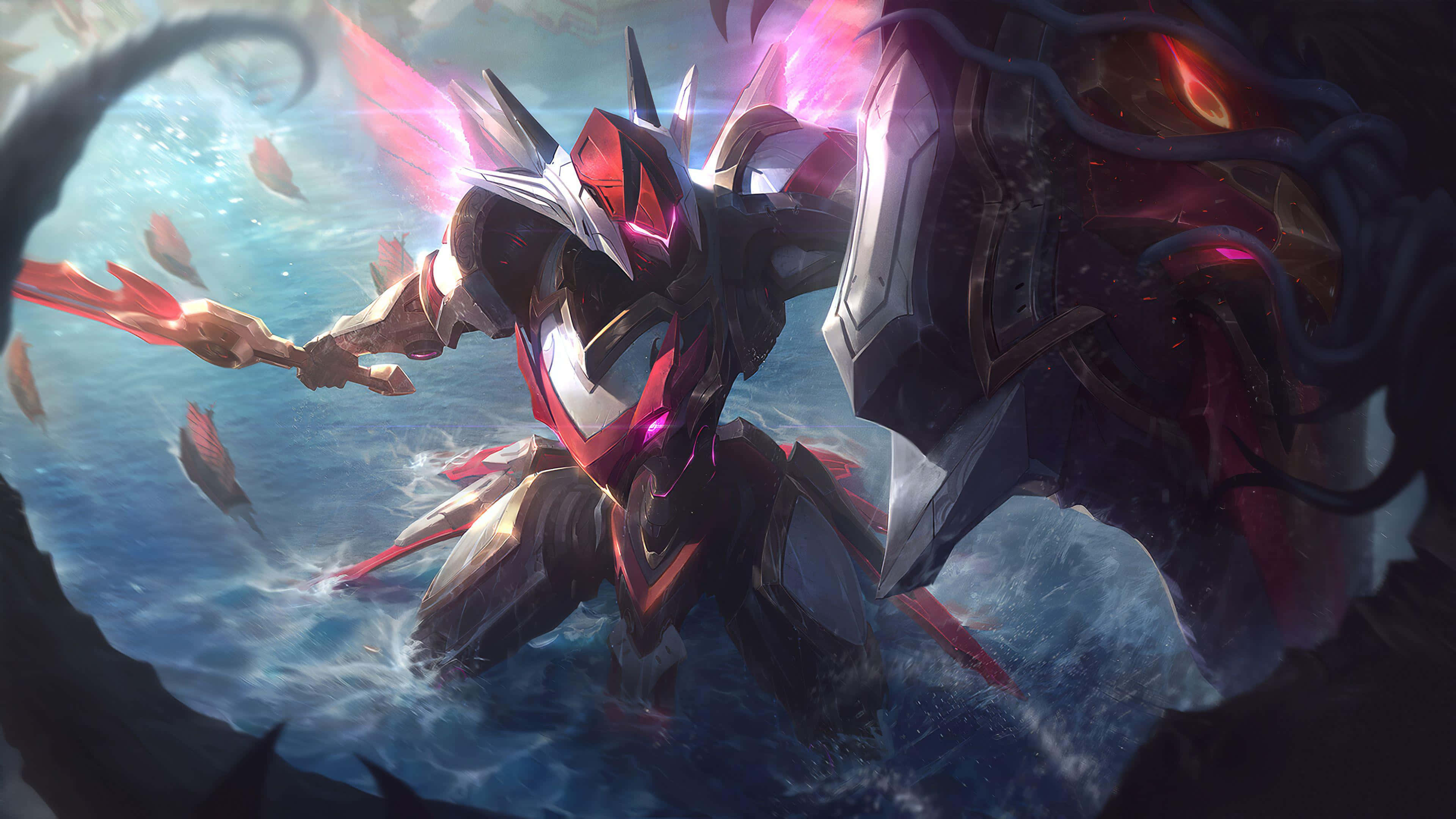 Mecha, glowing red accents, sword, 4K Desktop Wallpaper