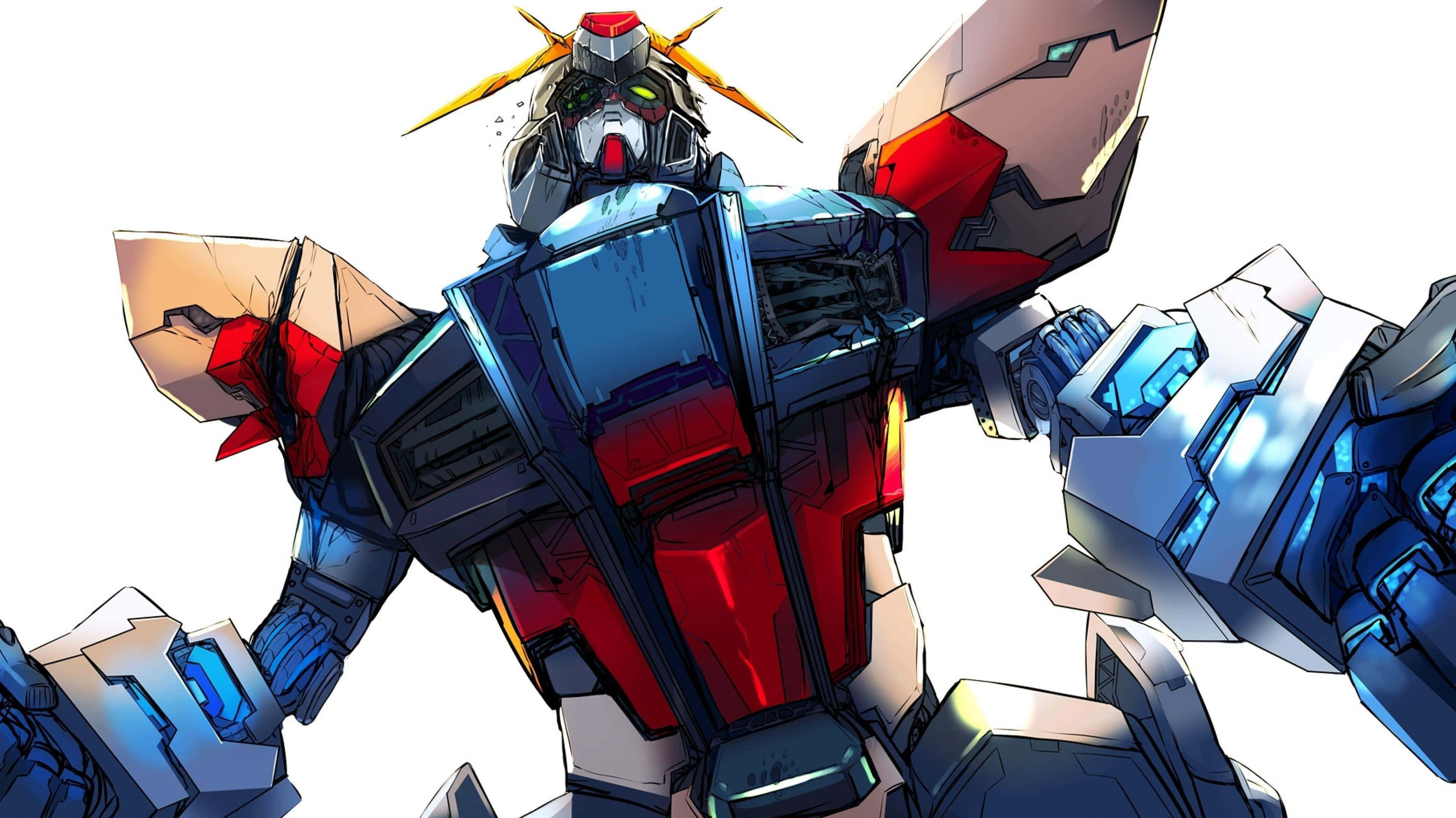 blue and red anime mecha, glowing green eyes, heroic pose, 4K Desktop Wallpaper