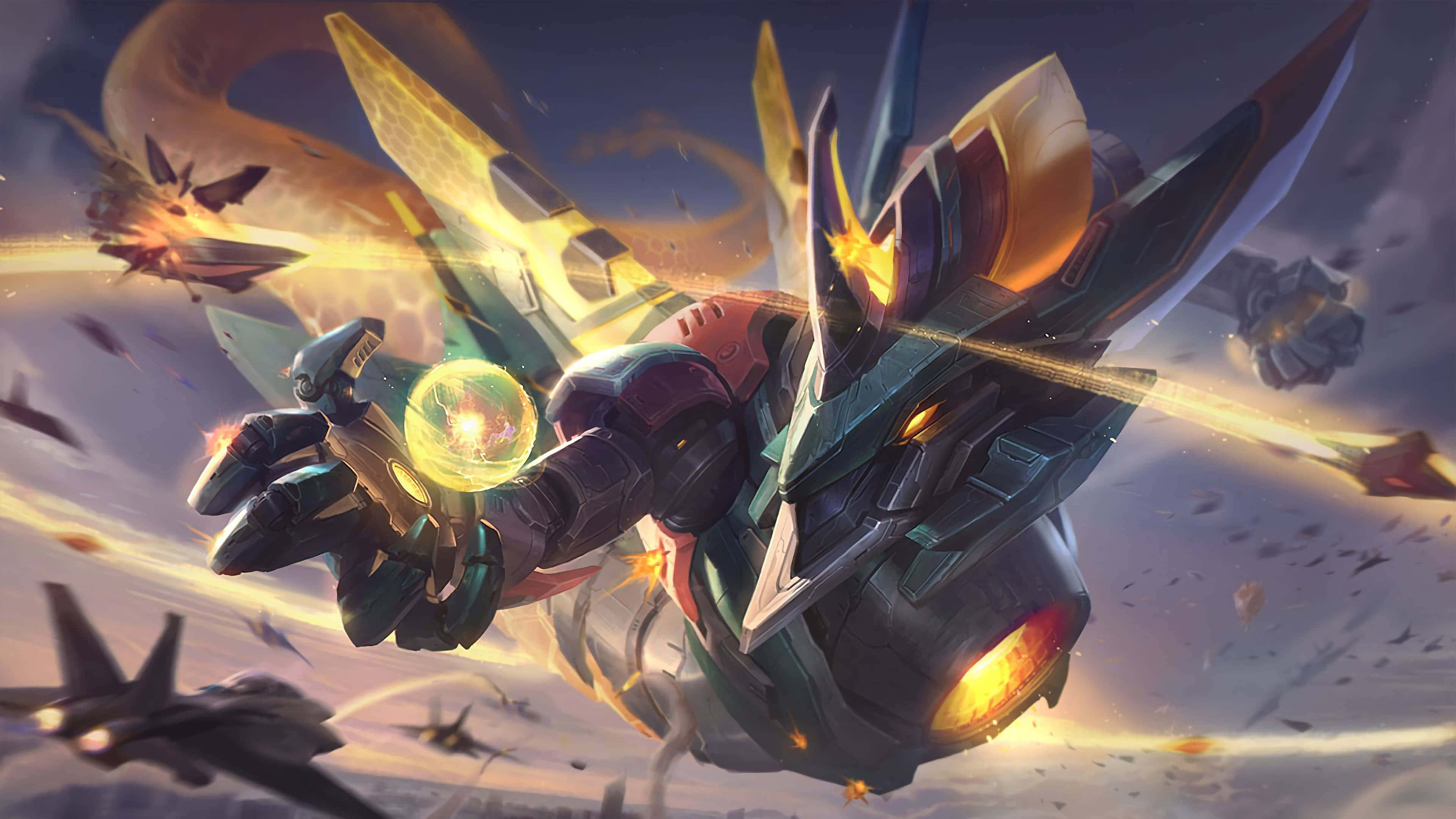 epic mecha battle, futuristic mech warrior, battlefield sky, 4K Desktop Wallpaper