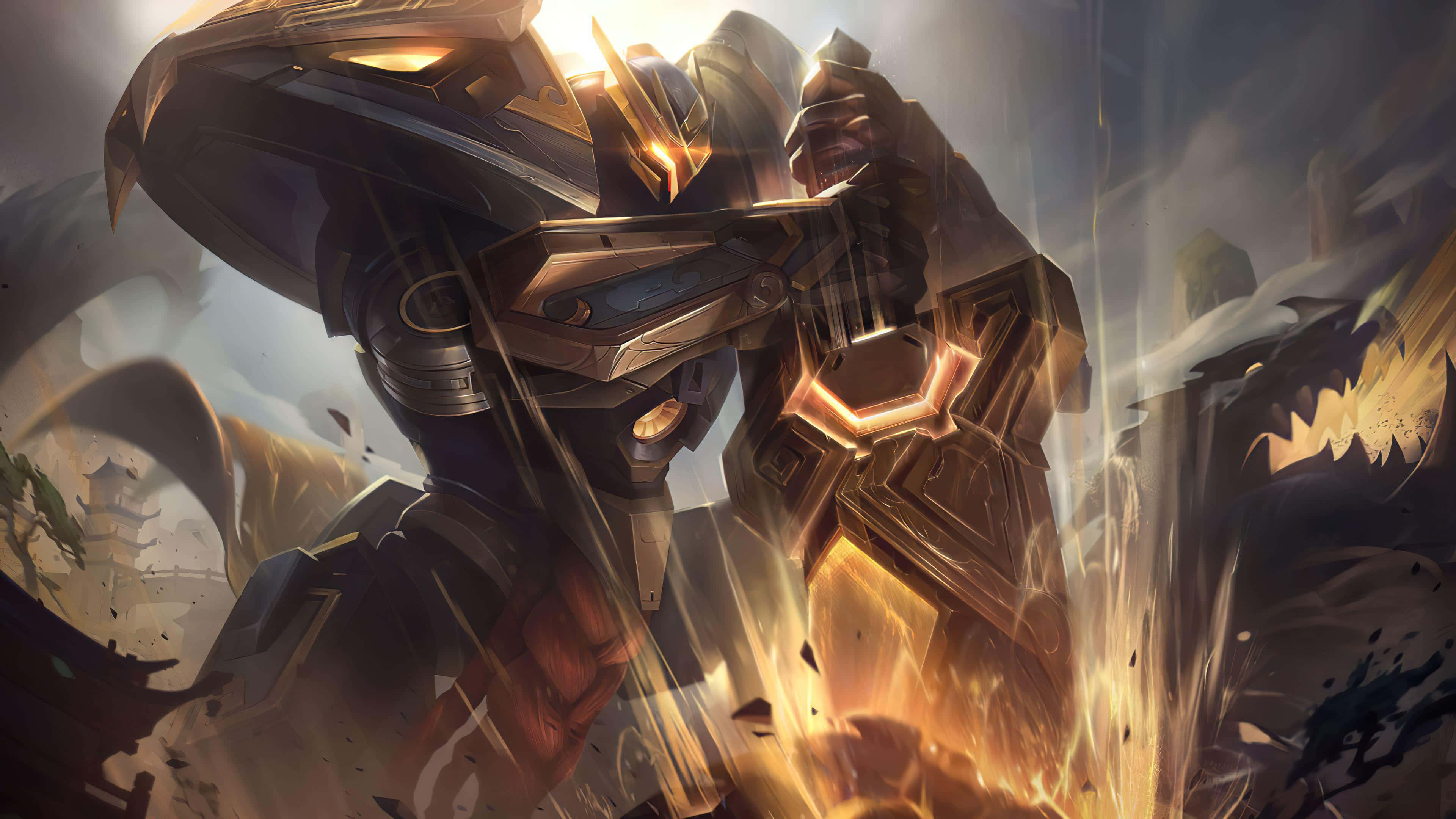 Mecha Warrior, glowing gold accents, crumbling ruins, 4K Desktop Wallpaper