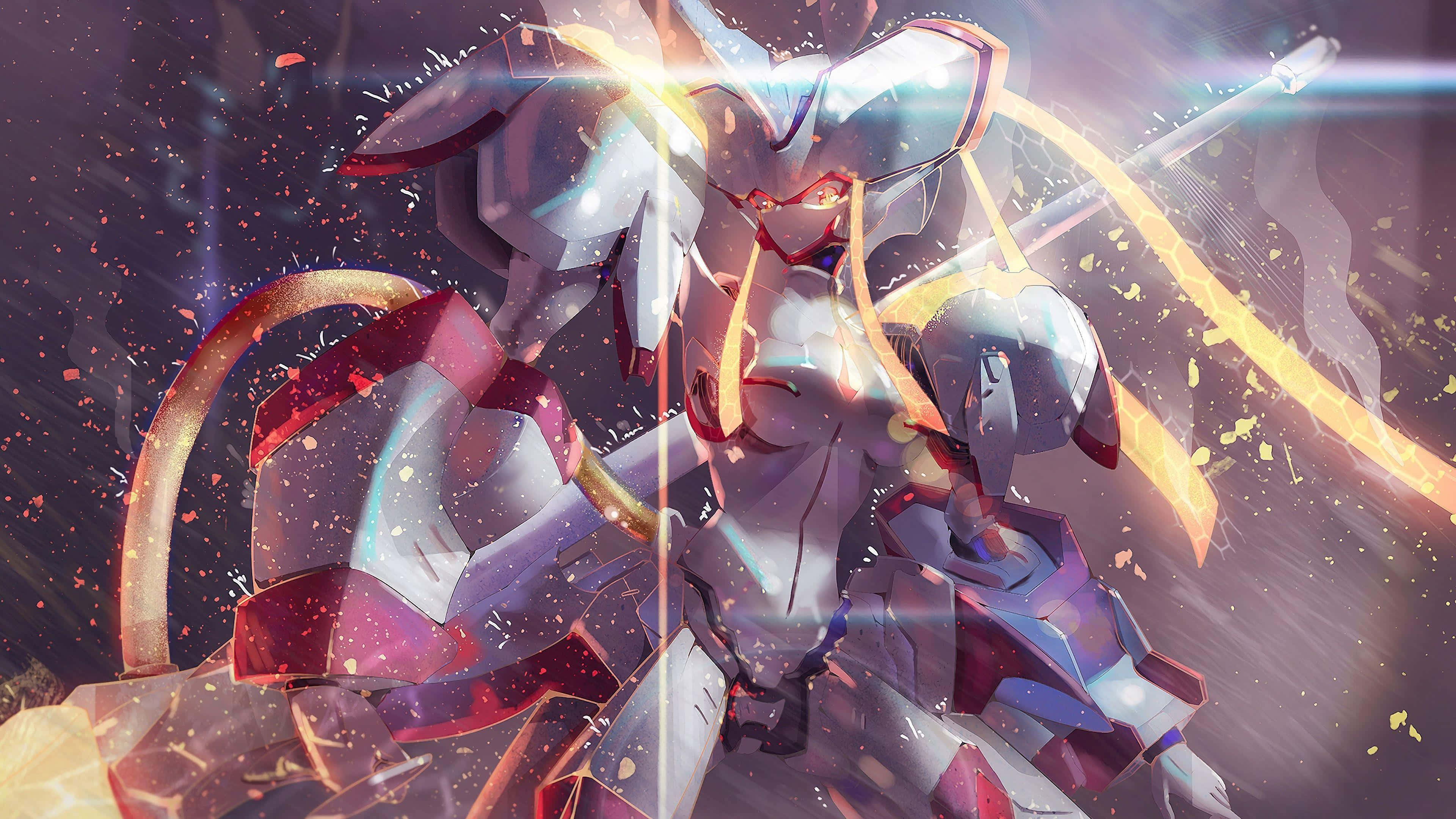 Mecha, glowing red eyes, golden energy beams, 4K Desktop Wallpaper