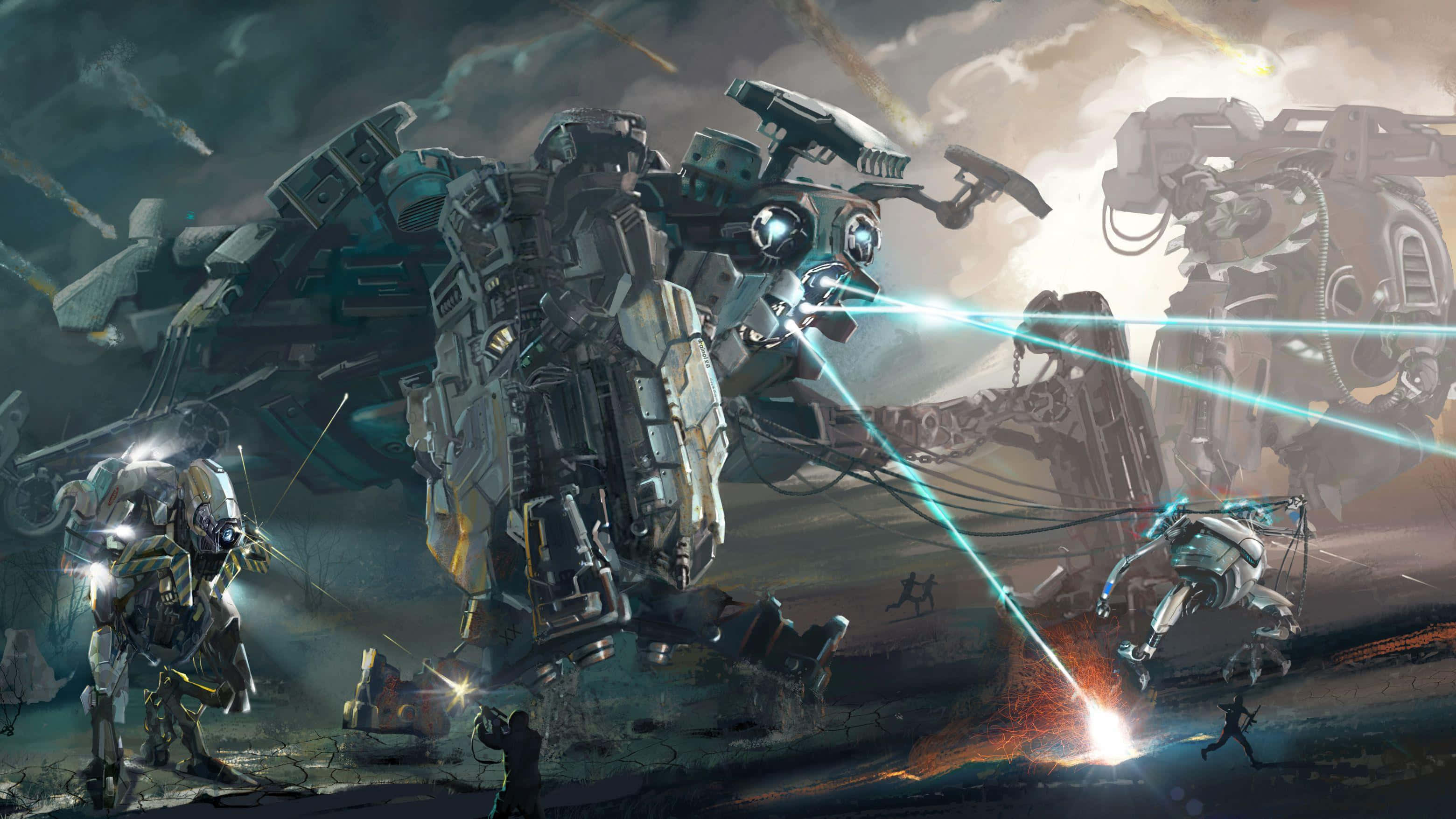 Mecha, glowing blue lasers, smoky battlefield, 2K Desktop Wallpaper