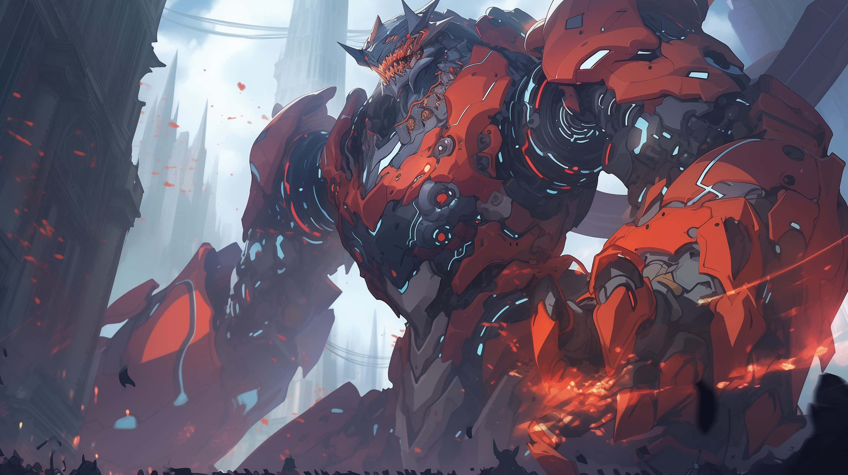 colossal mecha, red and black biomechanical monster, glowing blue accents, 2K Desktop Wallpaper