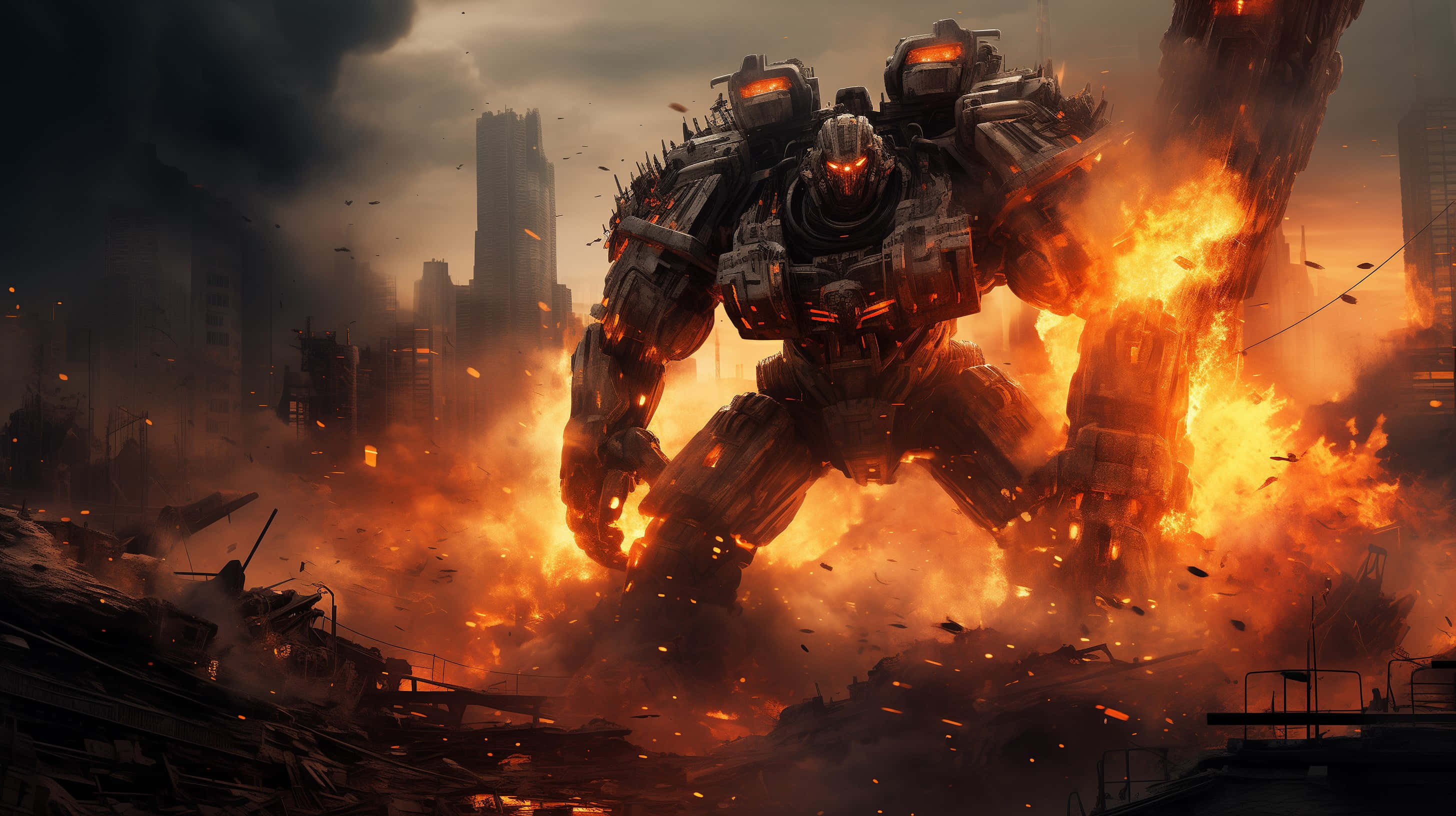 colossal fiery mech, burning ruined cityscape, smoke-filled sky, 2K Desktop Wallpaper