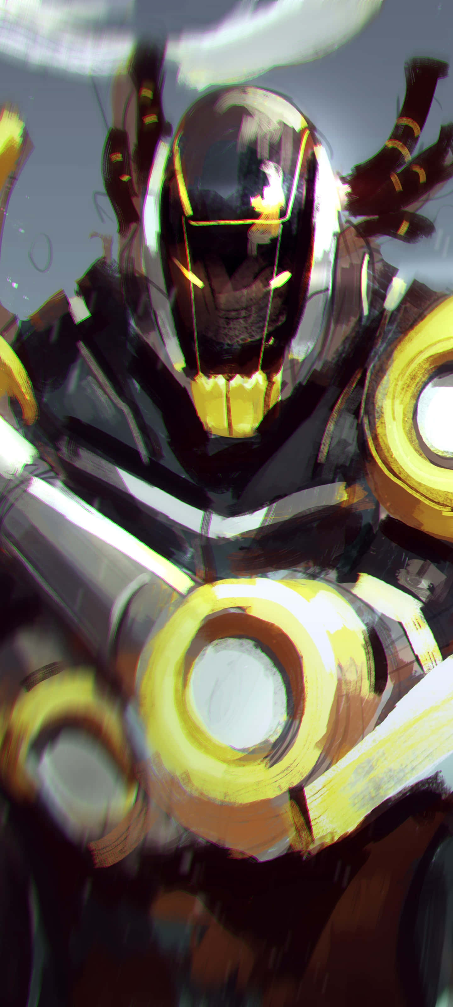 Mecha Warrior, glowing yellow eyes, circular chest emblems, 2K Phone Wallpaper