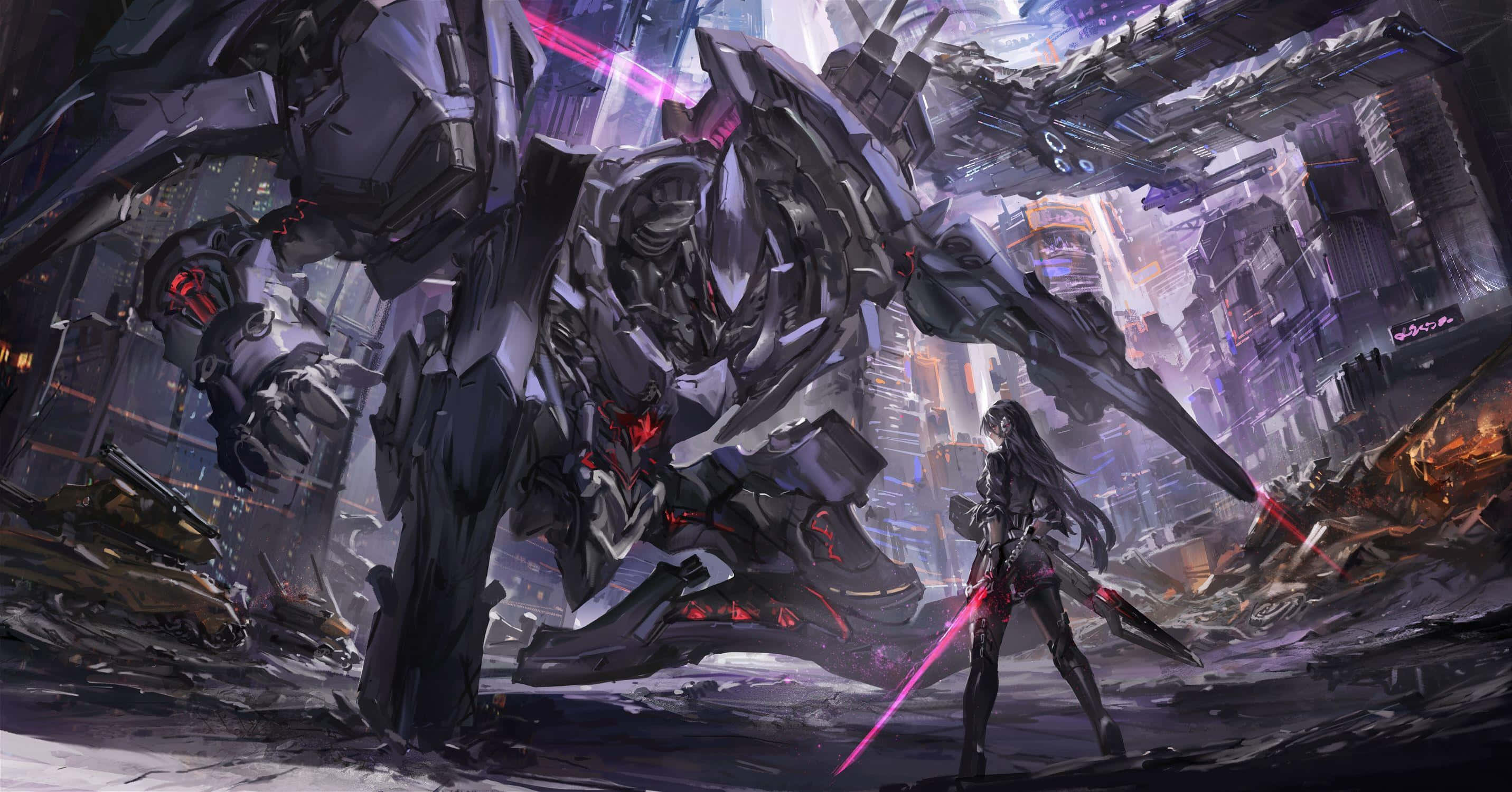 Mecha, glowing pink blades, colossal mechanical beast, 2K Desktop Wallpaper