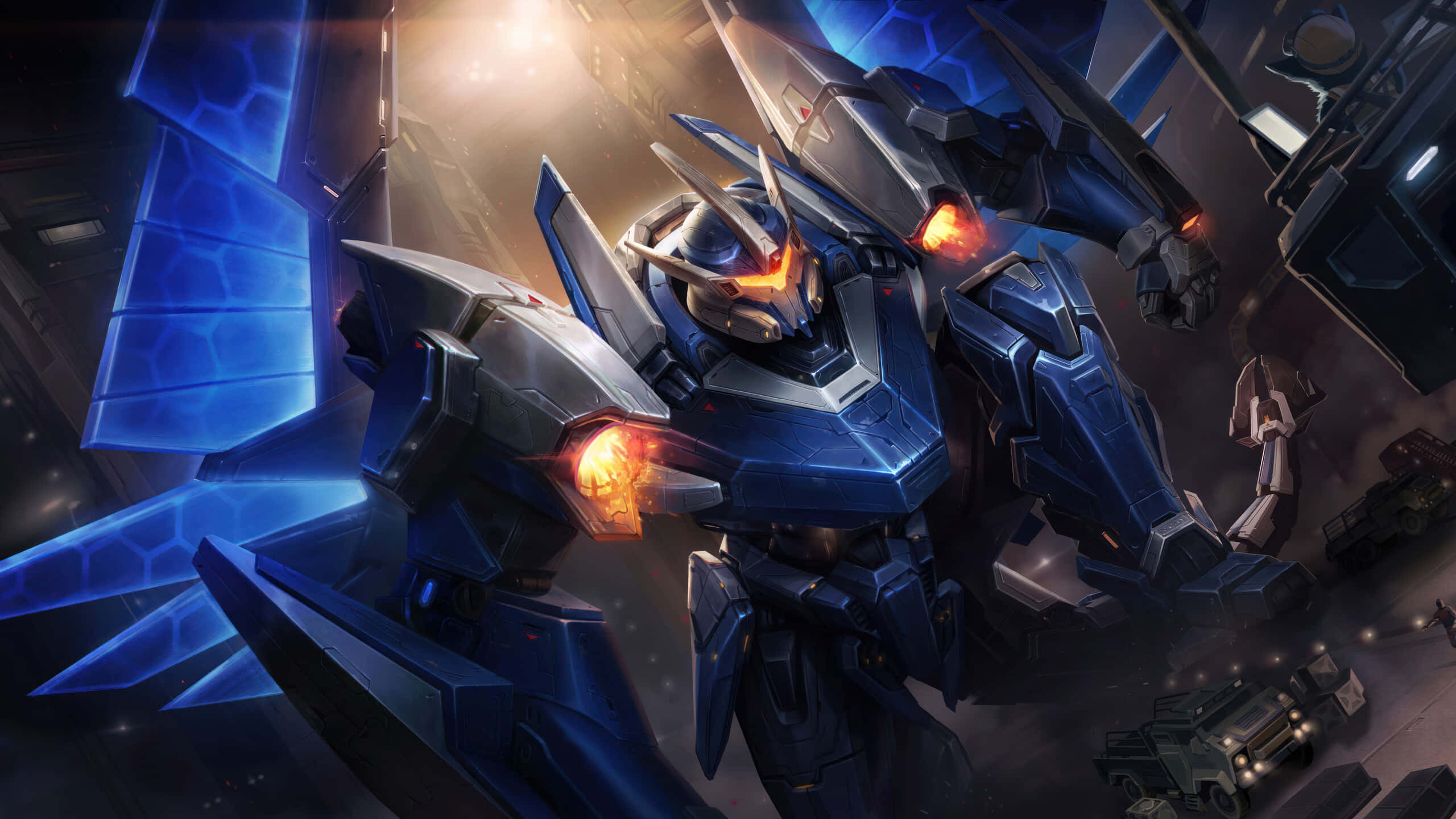 Mecha Warrior, blue and silver, glowing orange eyes, 2K Desktop Wallpaper