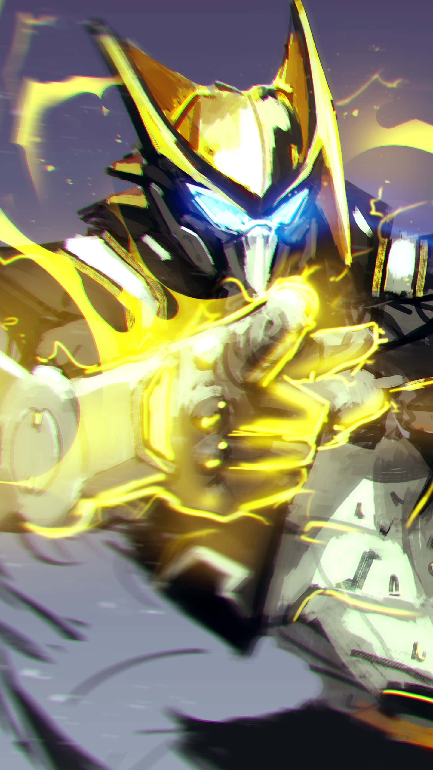 golden armored warrior, glowing blue eyes, crackling yellow energy, 2K Phone Wallpaper
