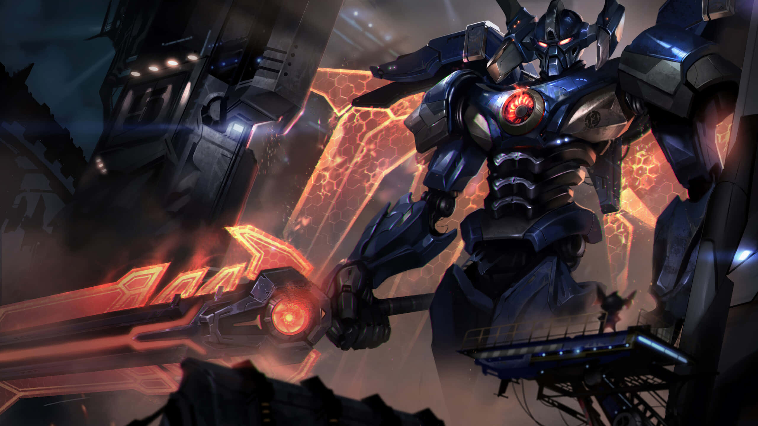 Mecha Warrior, blue armored robot, glowing red sword, 2K Desktop Wallpaper