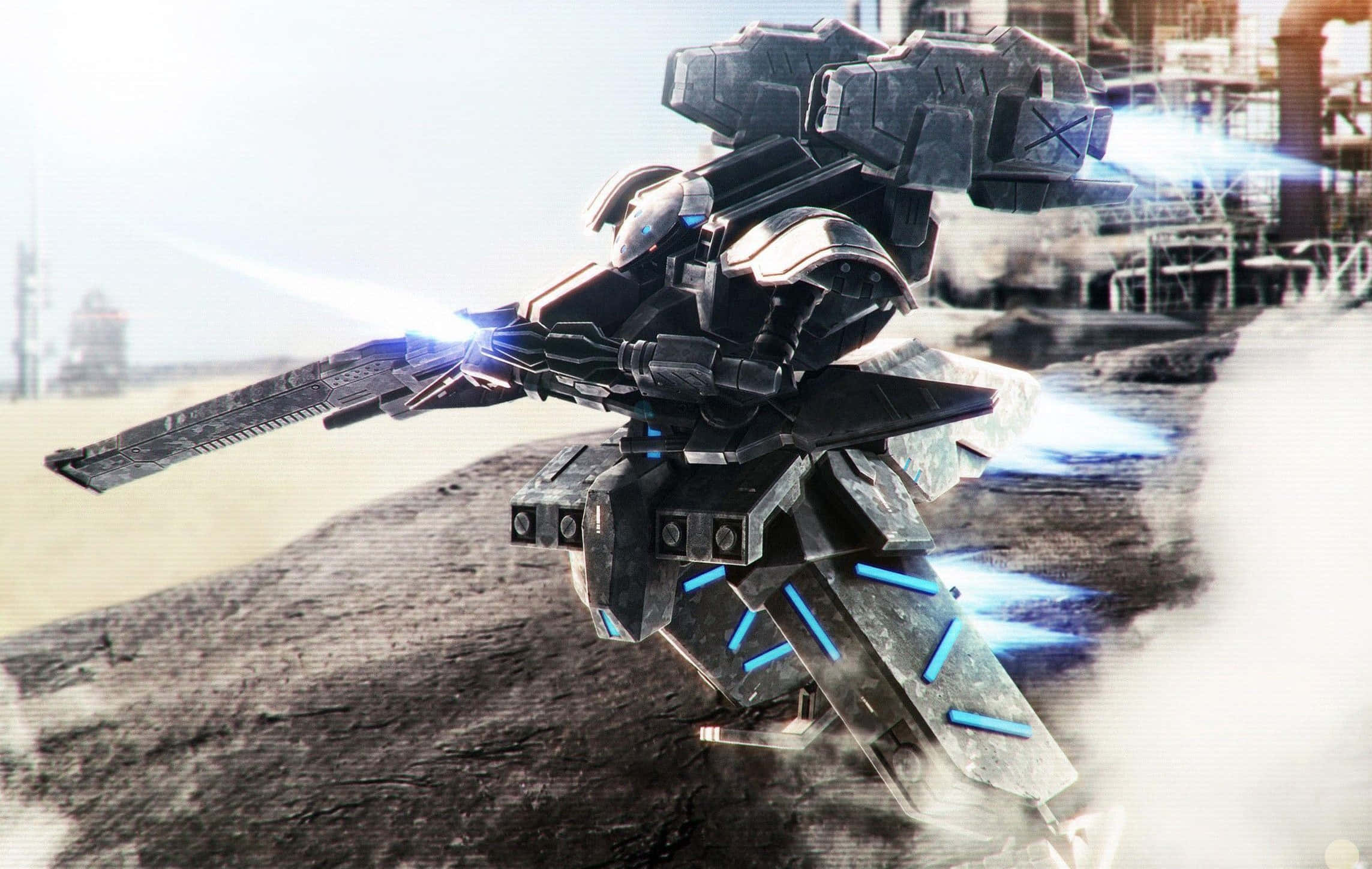 Mecha, black, blue energy blasts, Full HD Desktop Wallpaper