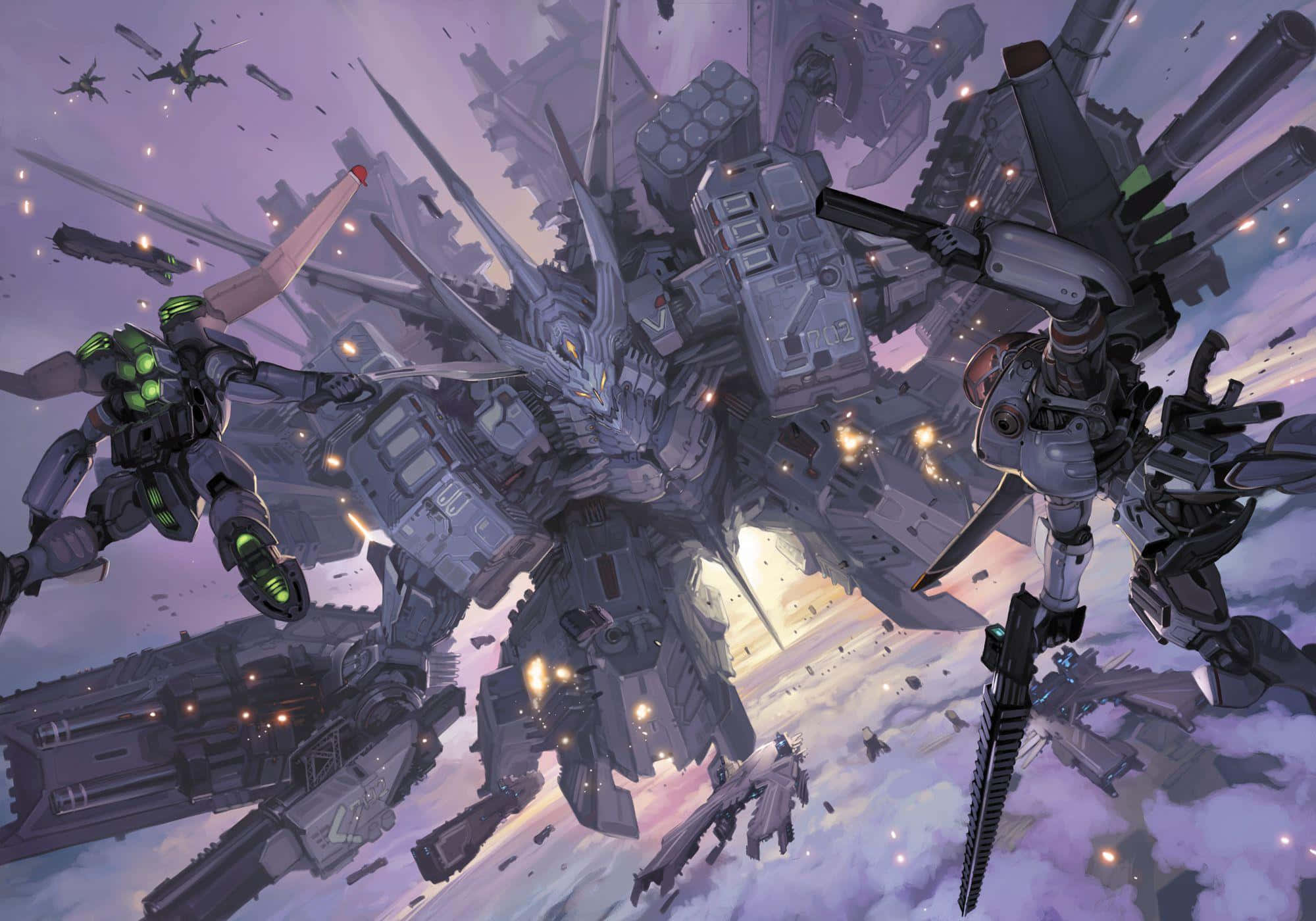 Epic Mecha Battle Above Clouds, giant mechs, shattered sky, Full HD Desktop Wallpaper