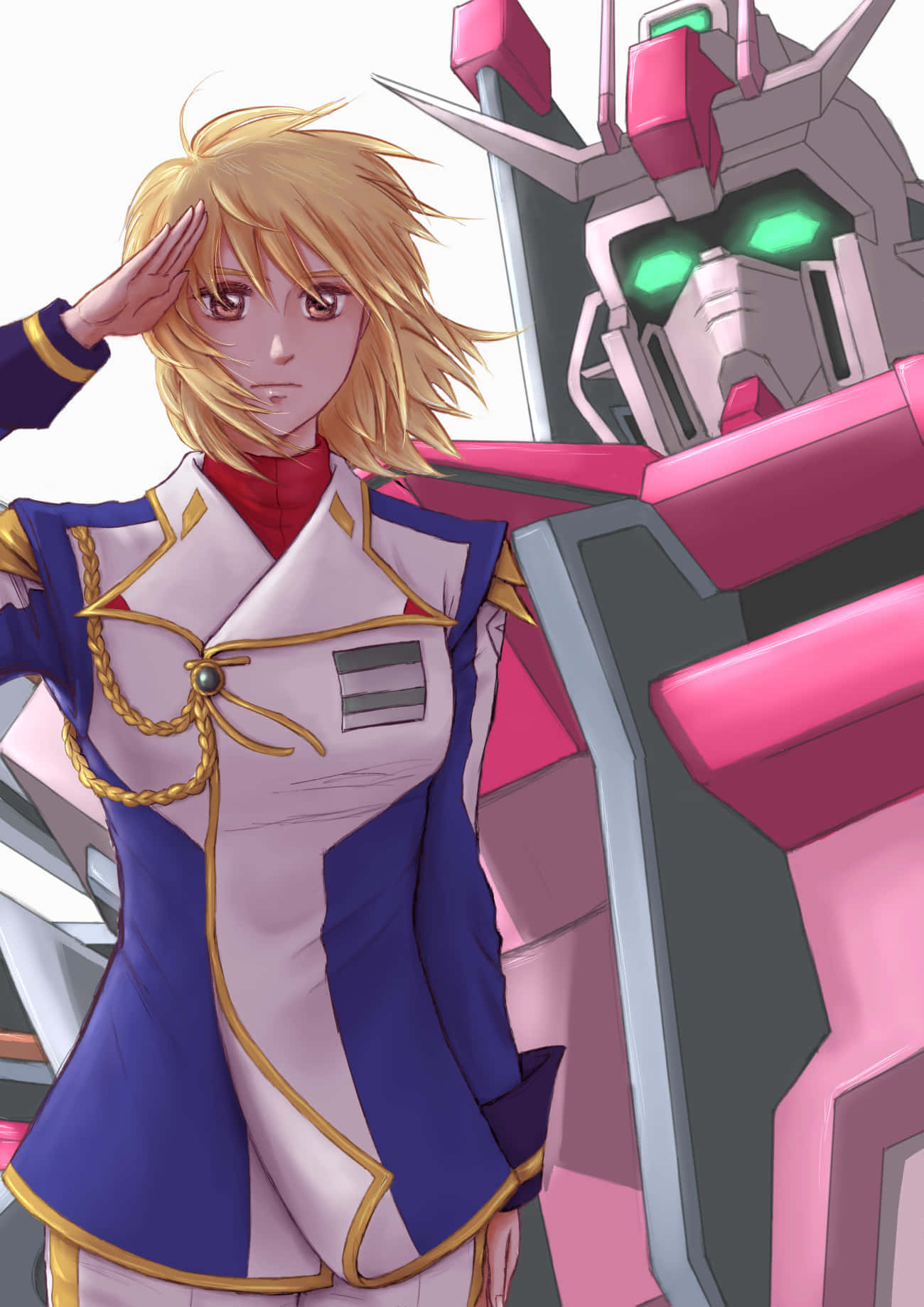 blonde anime pilot, blue and white uniform, pink and gray mobile suit, HD Phone Wallpaper