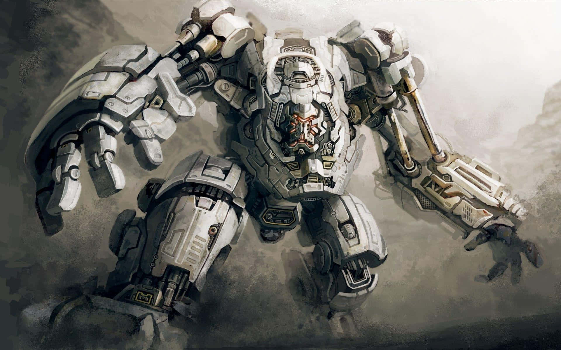 Mecha Warrior, white and gray armored mech, glowing orange core, Full HD Desktop Wallpaper