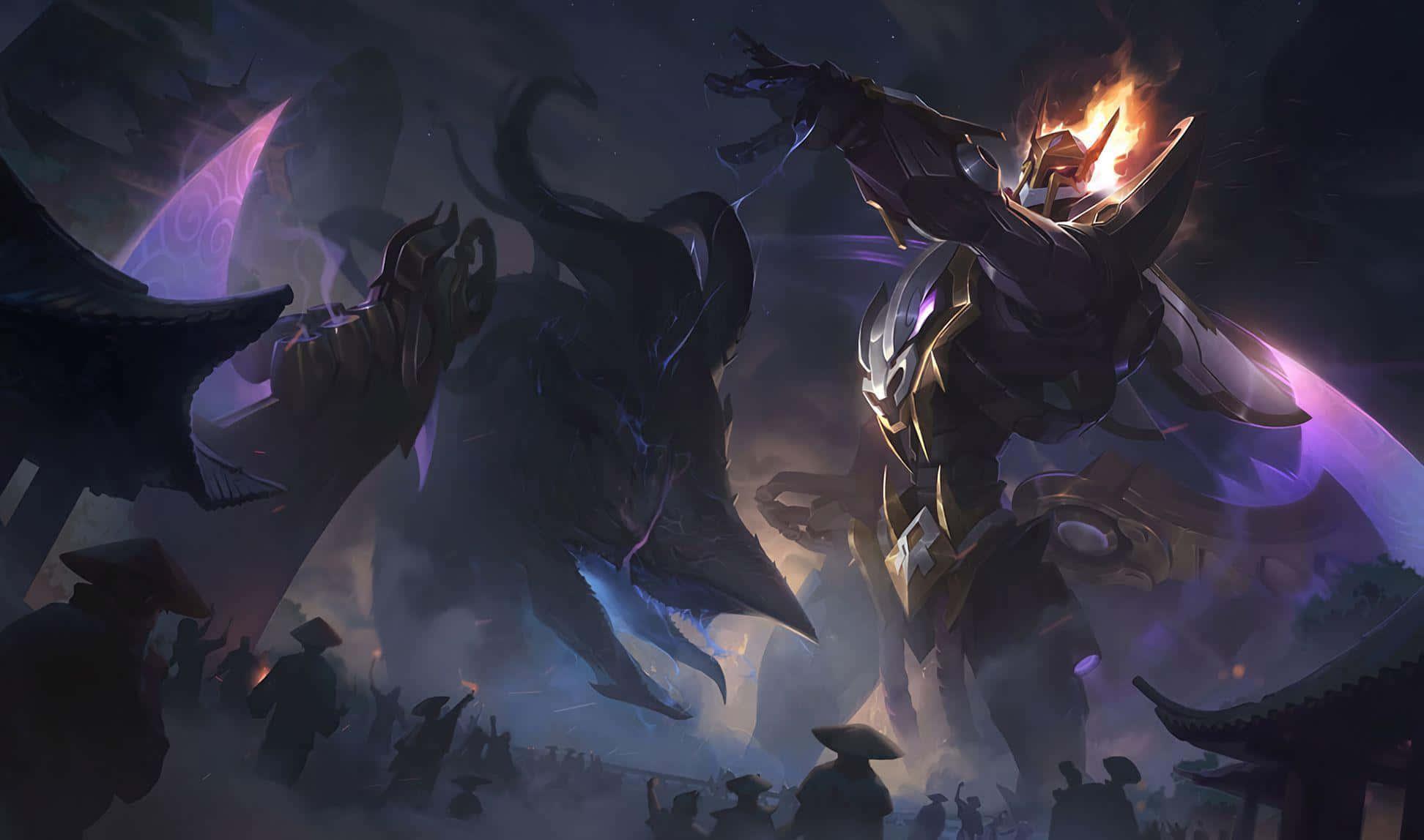 Mecha Warrior, dark dragon, mystical purple-lit battlefield, Full HD Desktop Wallpaper