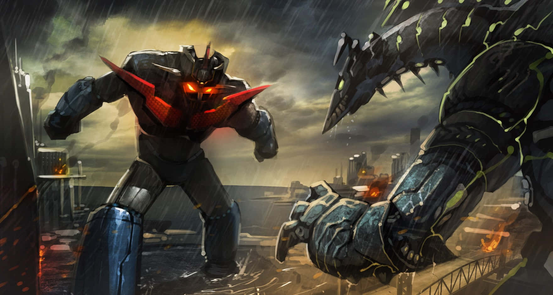 Mecha, rain-soaked ruined city, stormy sky, HD Desktop Wallpaper