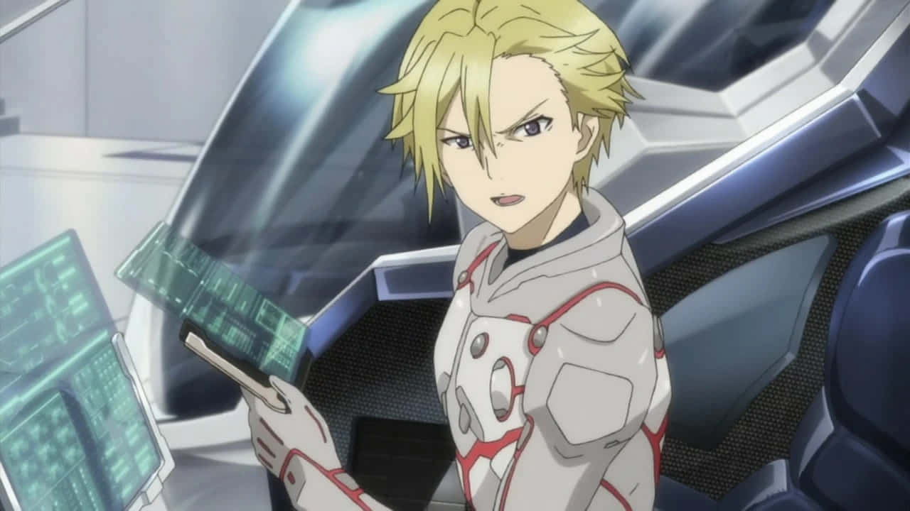 blonde anime pilot, white and red flight suit, glowing green tablet, HD Desktop Wallpaper