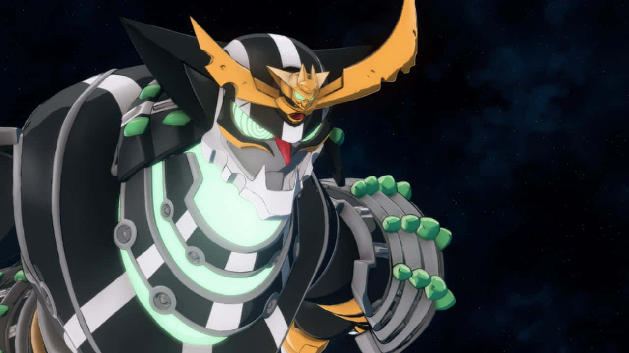 anime mecha, black white and gold armor, green energy, HD Desktop Wallpaper