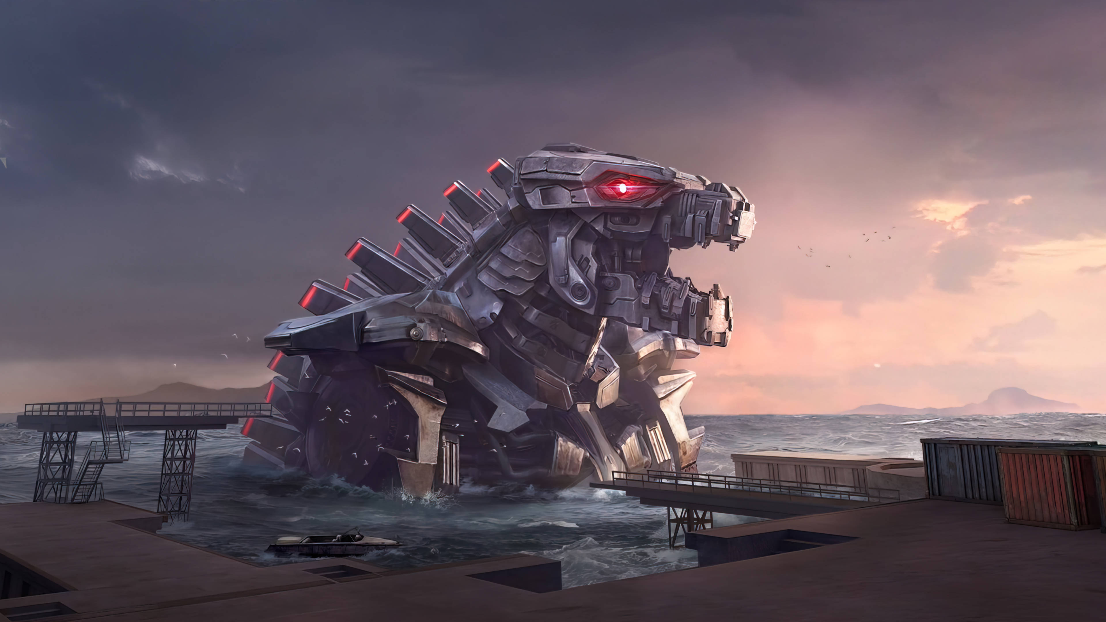 Mechagodzilla 2021, glowing red eyes, turbulent ocean waters, 4K Desktop Wallpaper