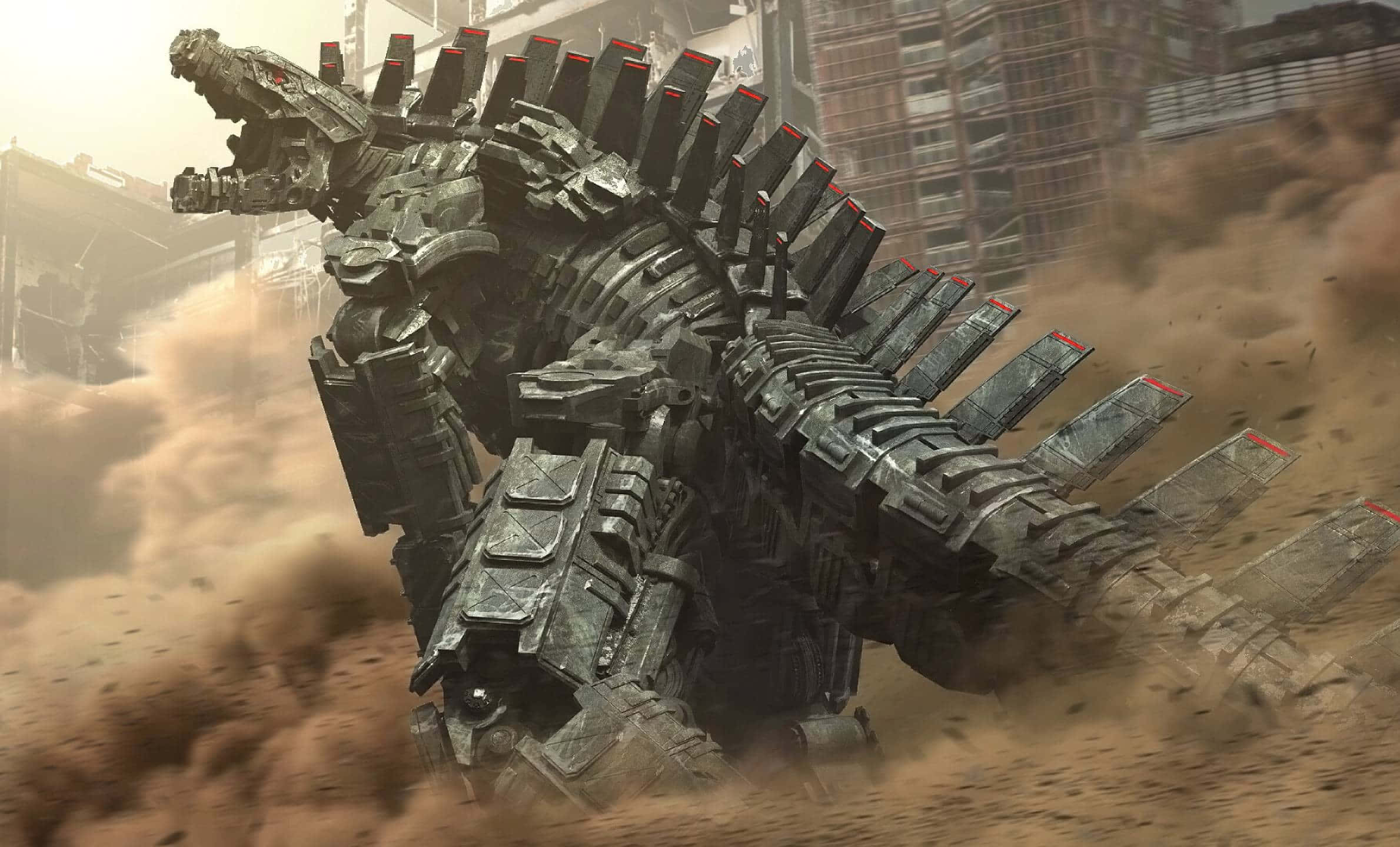 Mechagodzilla, dusty ruined cityscape, brown debris, Full HD Desktop Wallpaper