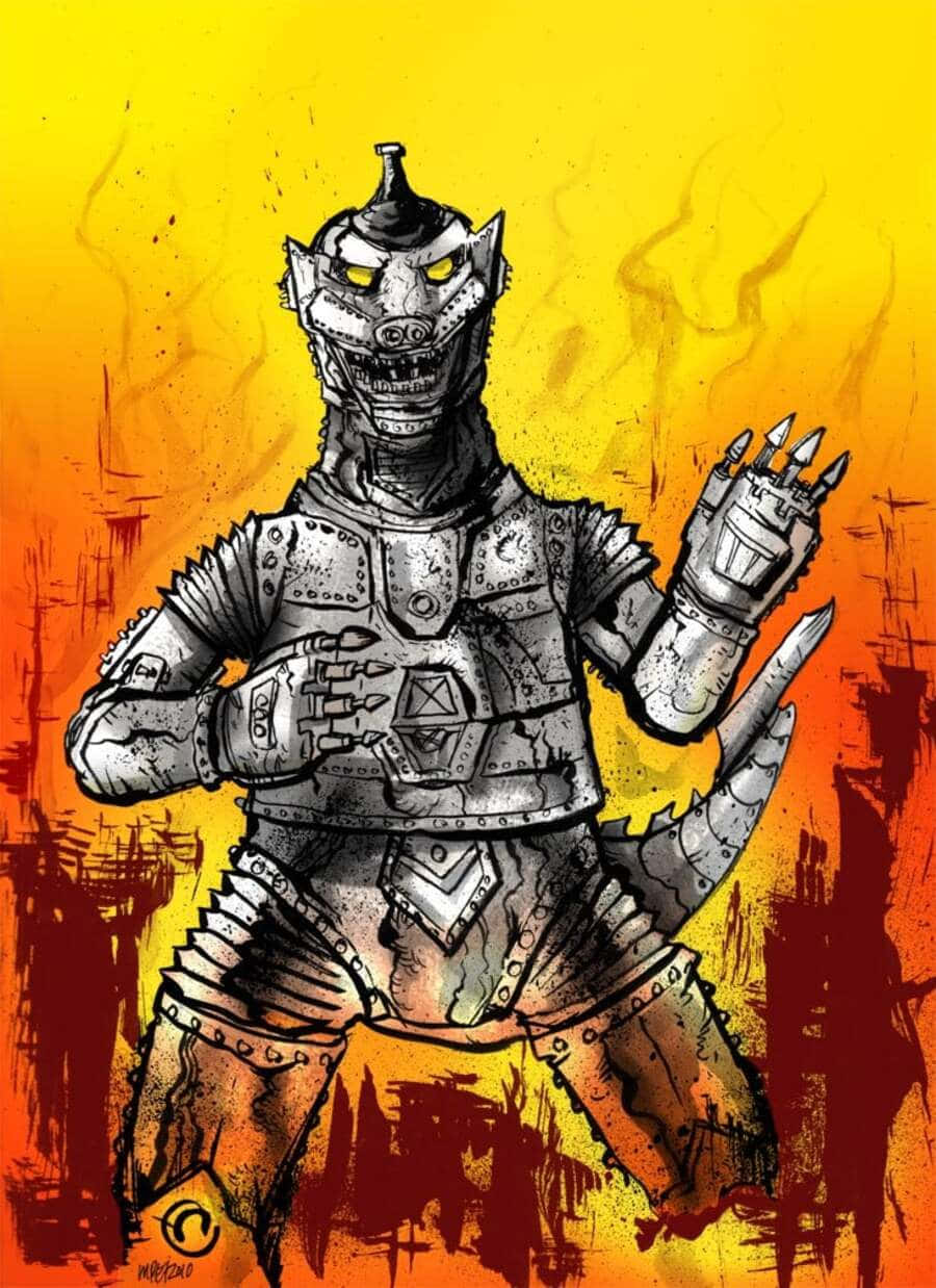 Mechagodzilla, glowing yellow eyes, fiery orange and yellow background, SD Phone Wallpaper