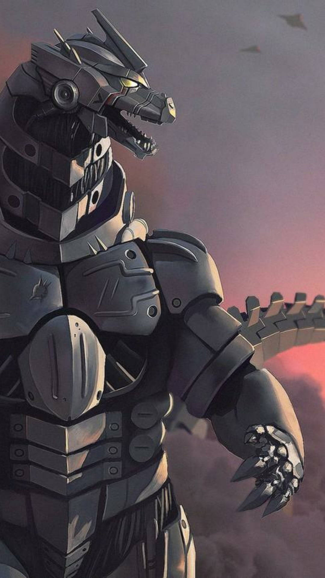 Mechagodzilla 2021, dusky pink and gray sky, fighter jets, Full HD Phone Wallpaper