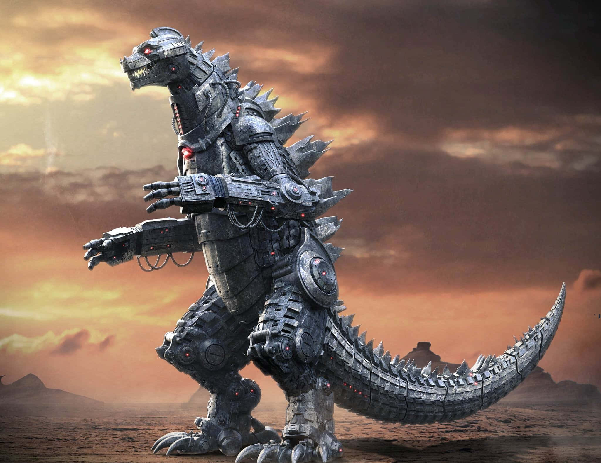 Mechagodzilla, 2048 x 1579, fiery sunset sky, Full HD Desktop Wallpaper