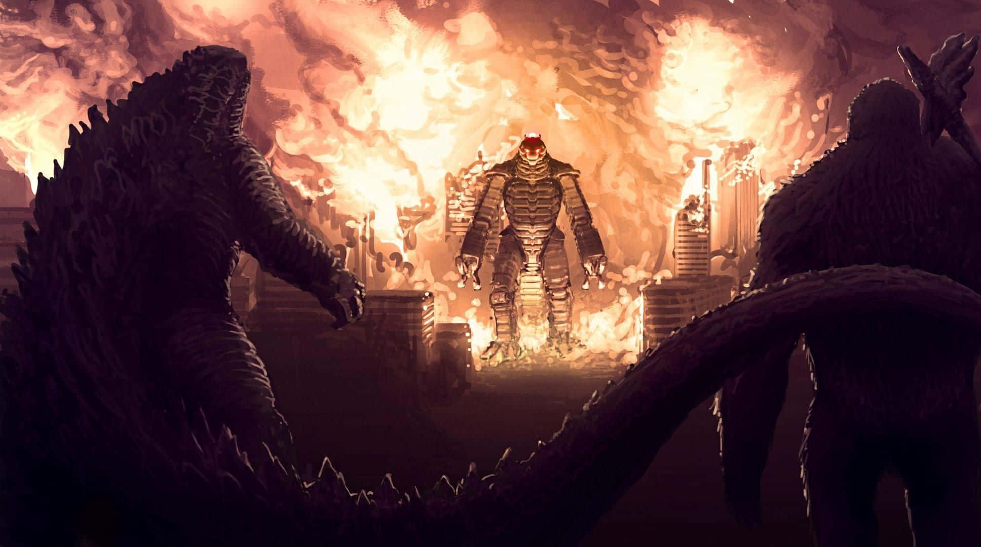 Mechagodzilla, colossal monsters, fiery urban battlefield, Full HD Desktop Wallpaper