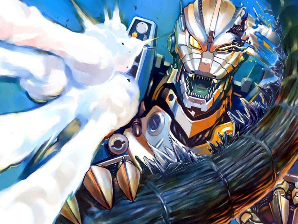 Mechagodzilla, glowing yellow eyes, sharp teeth, SD Desktop Wallpaper